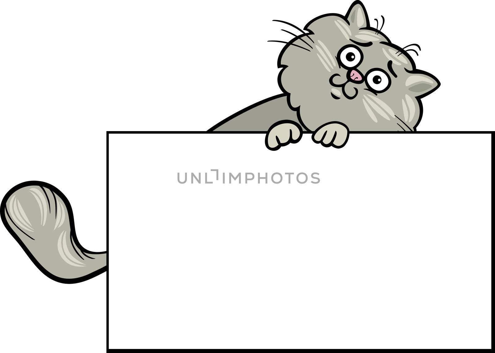Cartoon Illustration of Funny Fluffy Cat with White Card or Board Greeting or Business Card Design Isolated