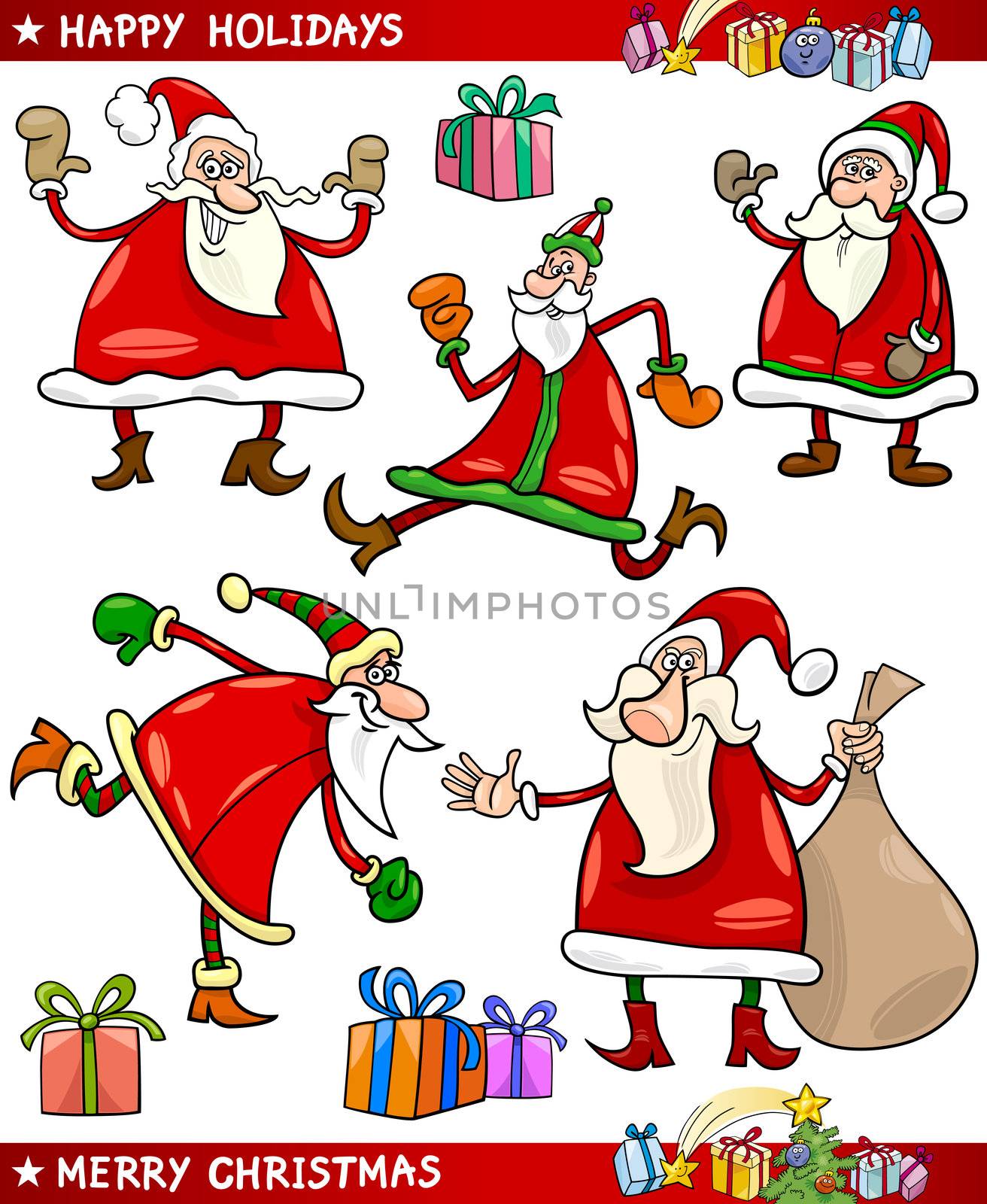 Cartoon Illustration of Santa Claus or Papa Noel, Presents, Gifts and other Christmas Themes set