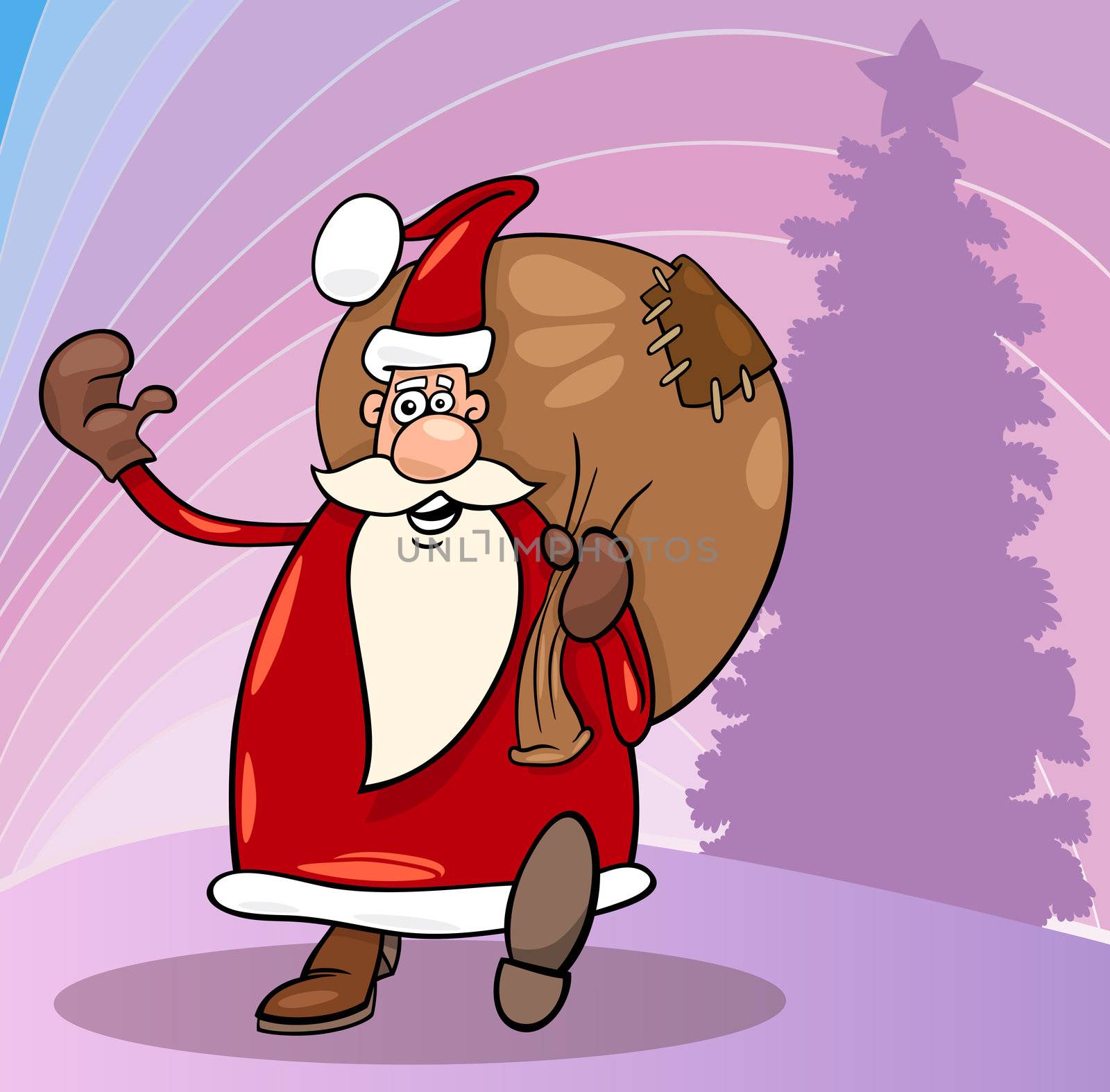 Cartoon Illustration of Funny Santa Claus or Papa Noel or Father Christmas with Sack full of Presents