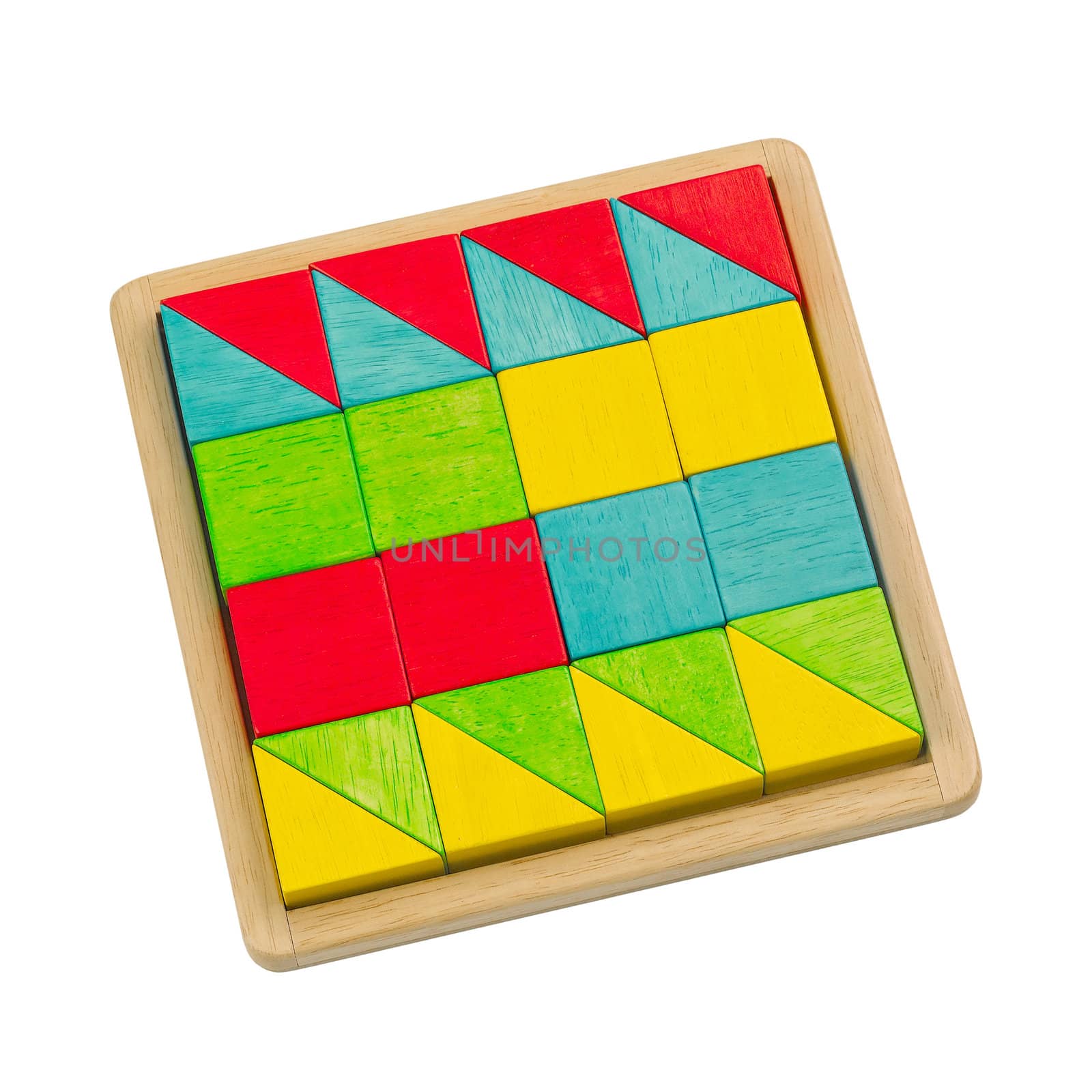 Colorful wooden toy blocks arranges in the tray and ready for kid to creates