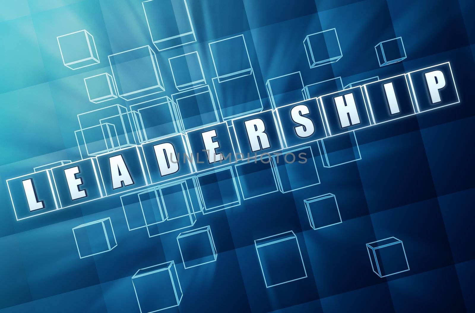 leadership text in 3d blue glass cubes, business concept
