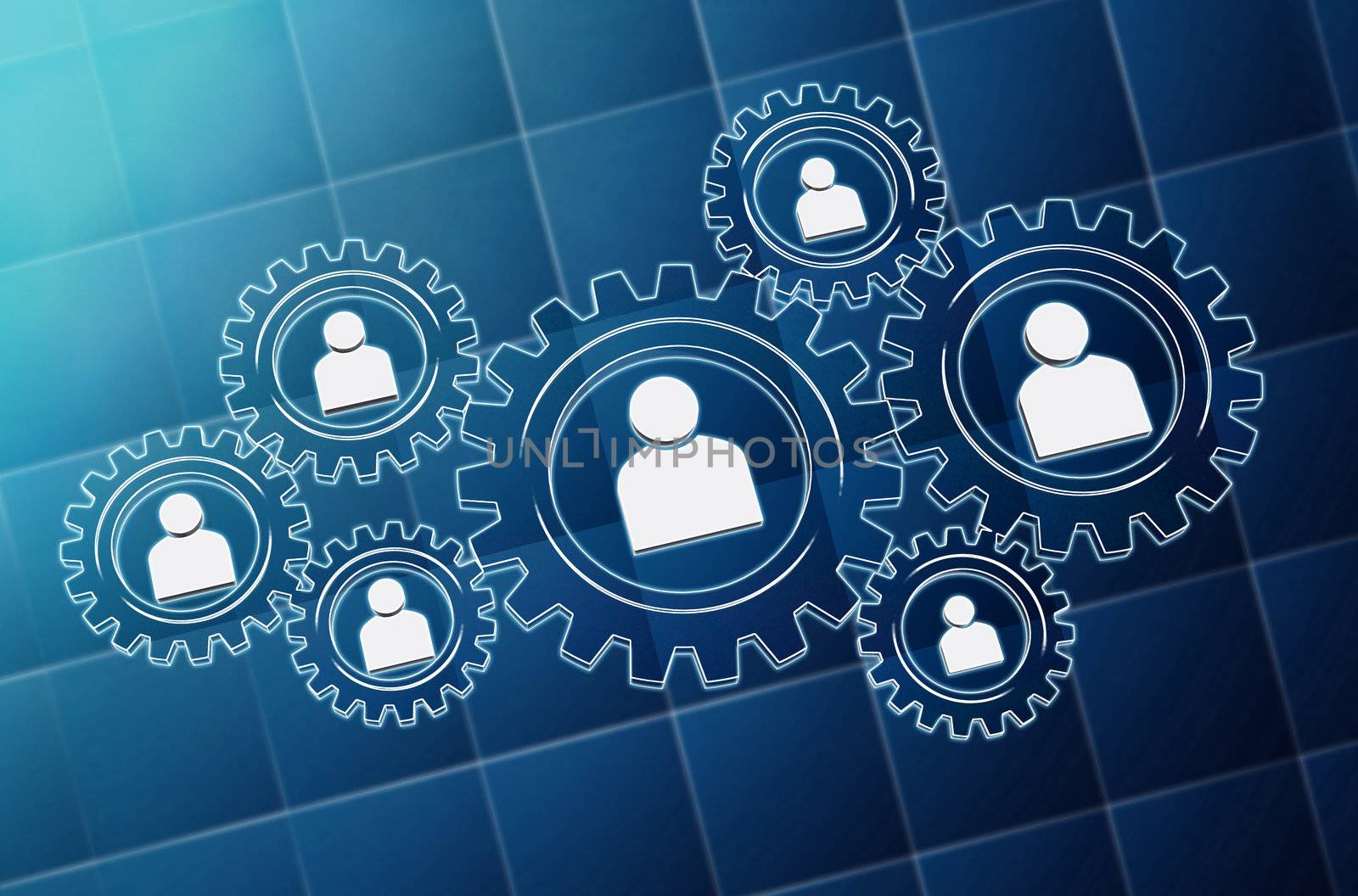 3d blue glass gearwheels with person signs over blueprint background