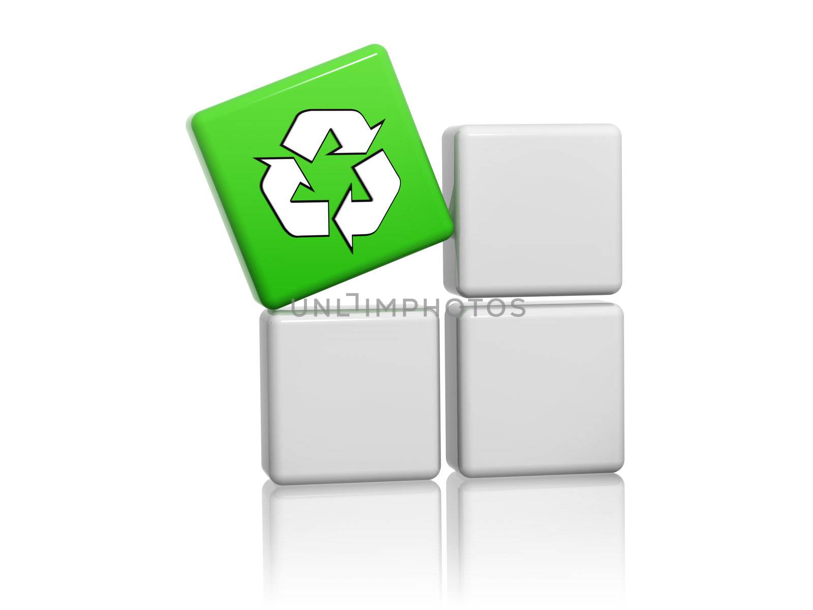 3d green cube with recycle sign on grey boxes