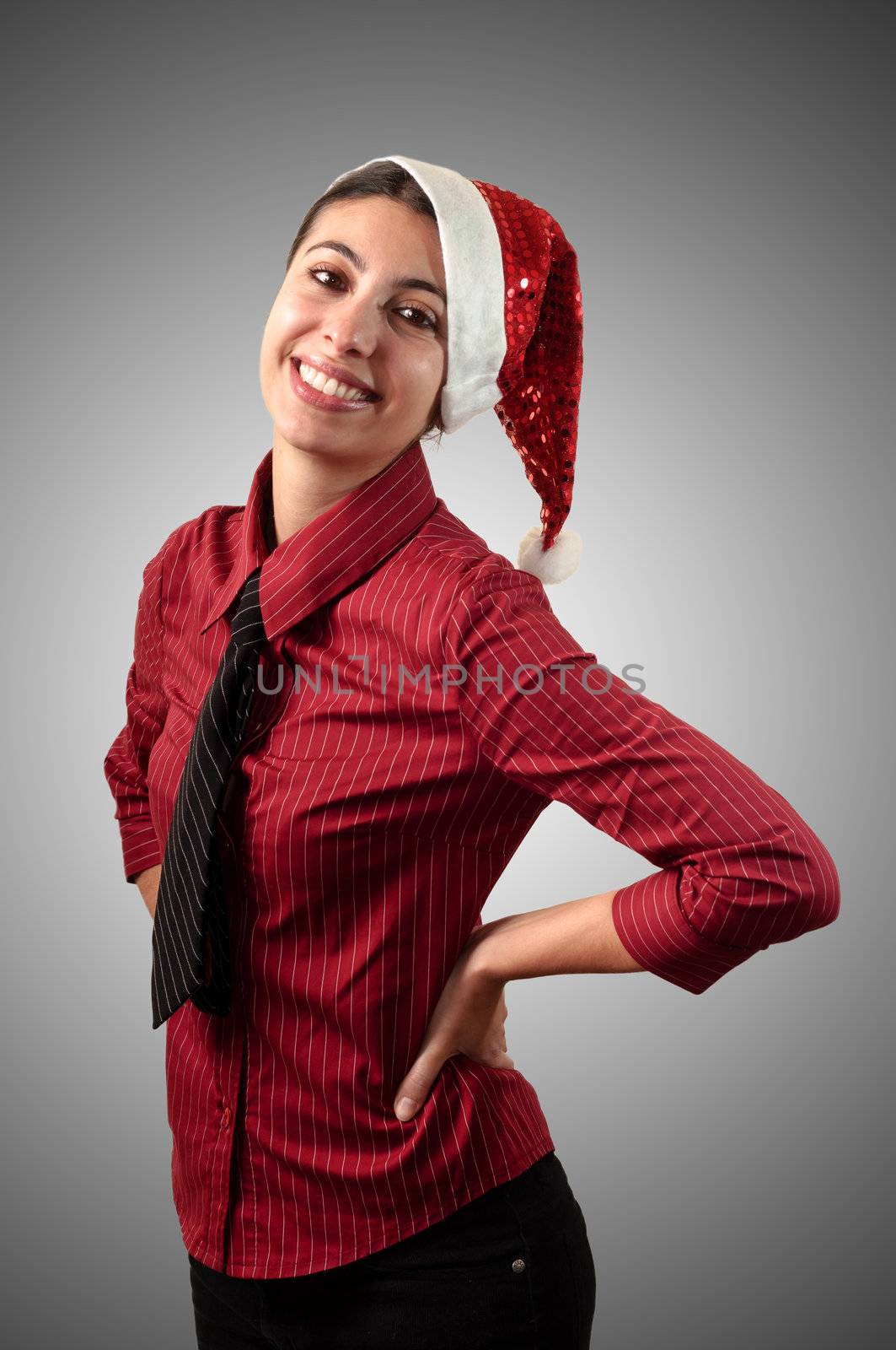 smiling business christmas girl on grey background