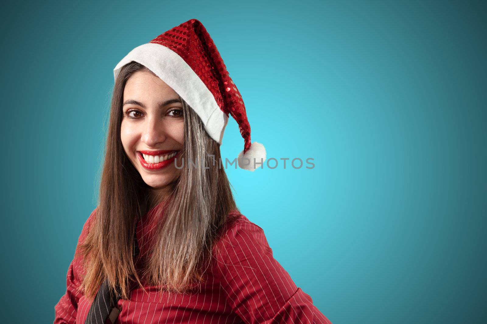 smiling business christmas girl on blue background