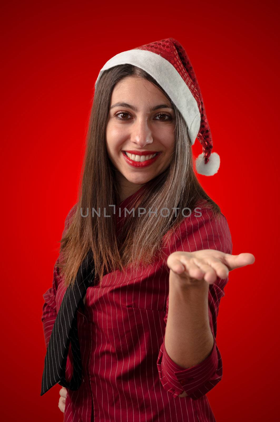 smiling business christmas girl on red background