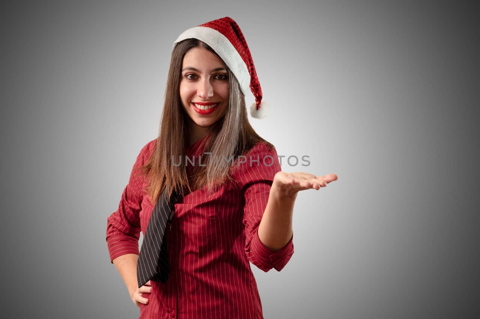 smiling business christmas girl on grey background