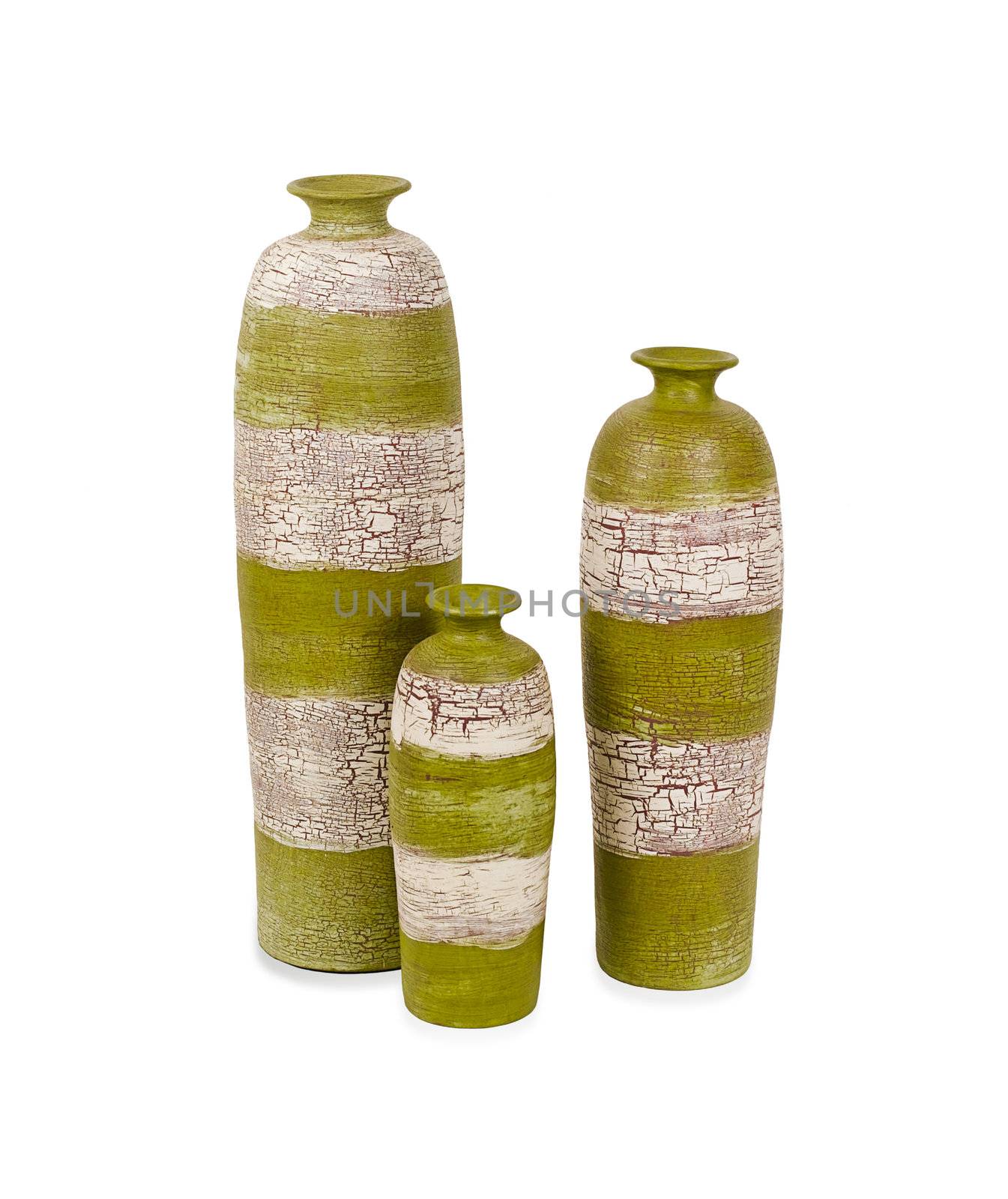 Three size of the green clay vases isolated on white  by john_kasawa