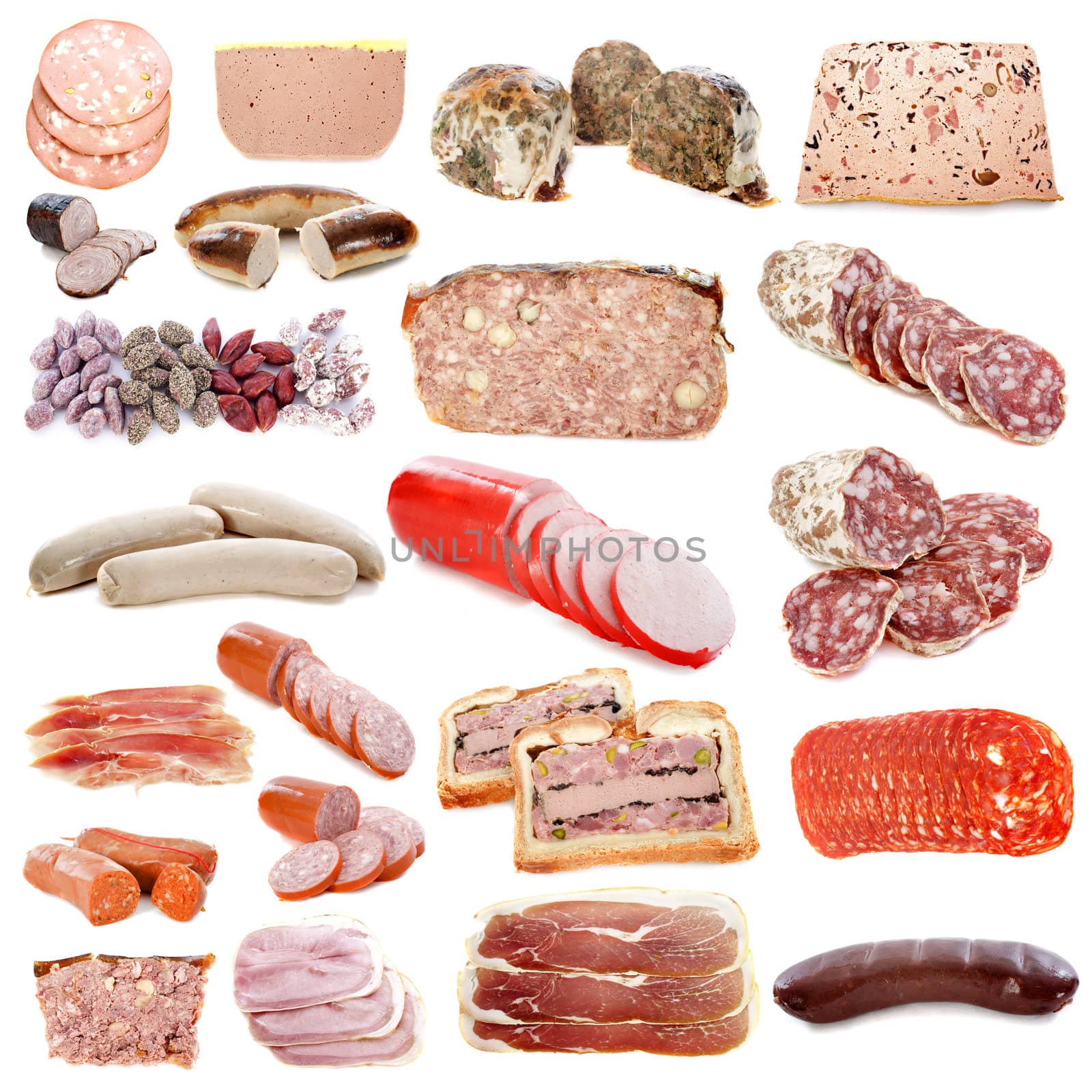 cooked meats in front of white background