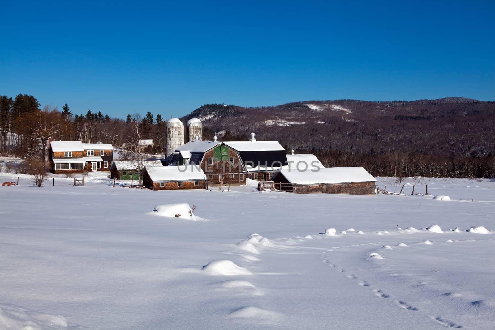 Farm with barns, outbuildings, two silos, and main house in winter with snow covering the ground. The house is facing  the White Mountains and the sky is clear blue.