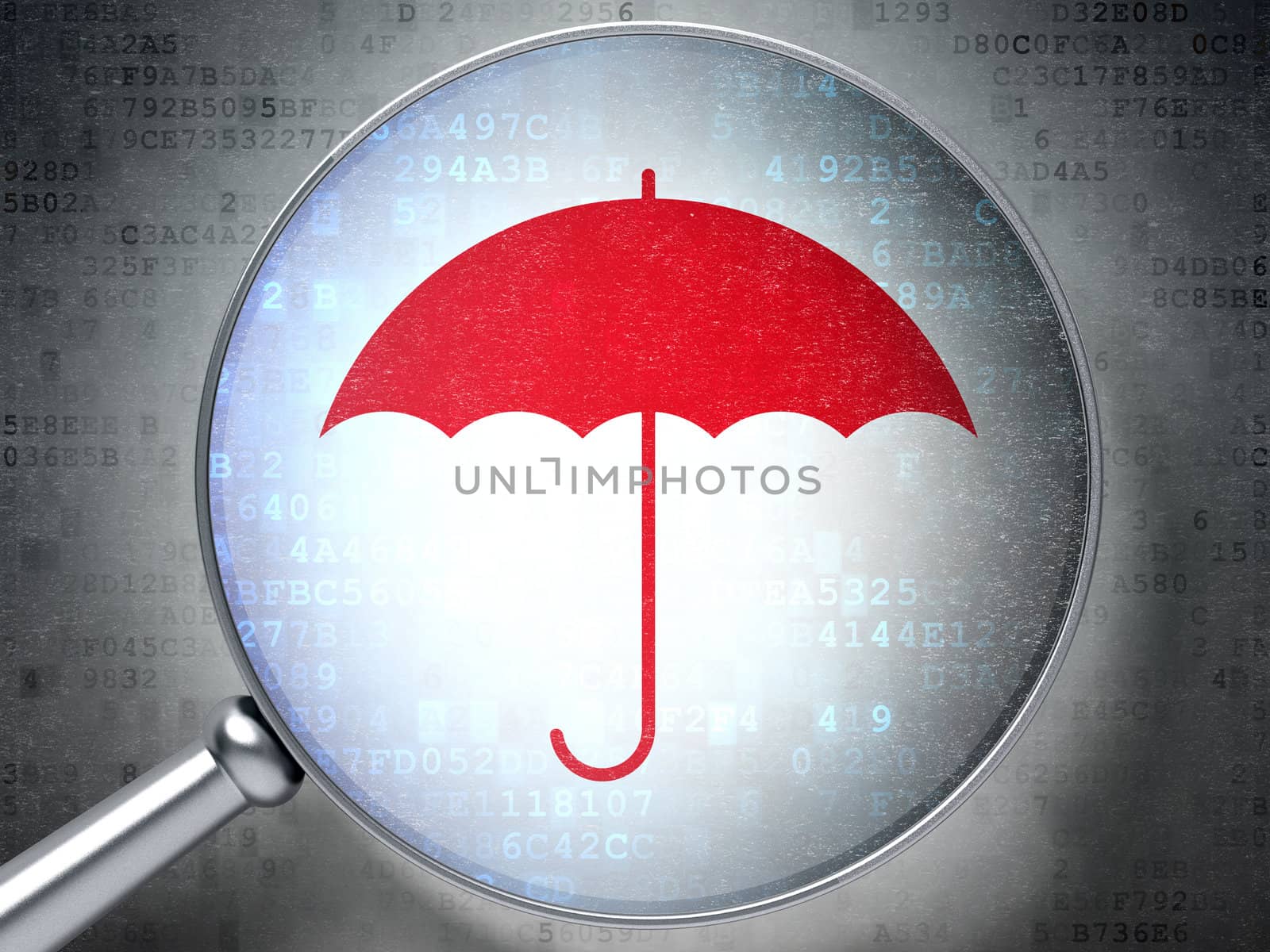 Magnifying optical glass with Umbrella icon on digital backgroun by maxkabakov
