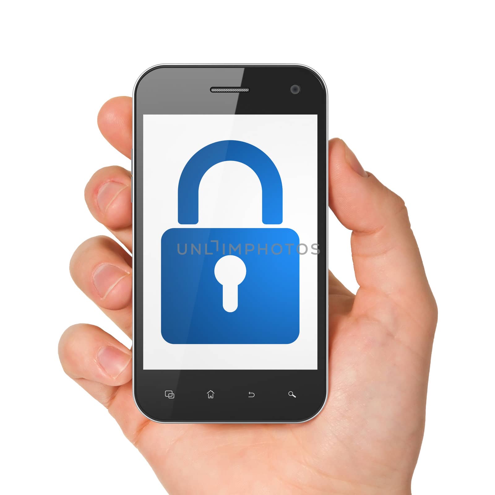 Hand holding smartphone with closed padlock on display. Generic mobile smart phone in hand on white background.