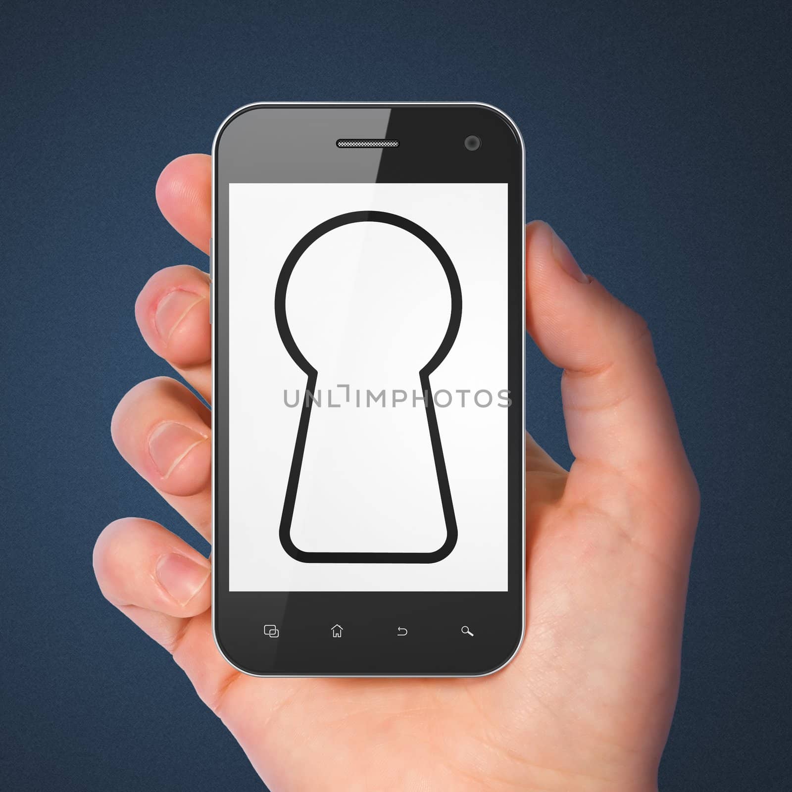 Hand holding smartphone with keyhole on display. Generic mobile smart phone in hand on dark blue background.