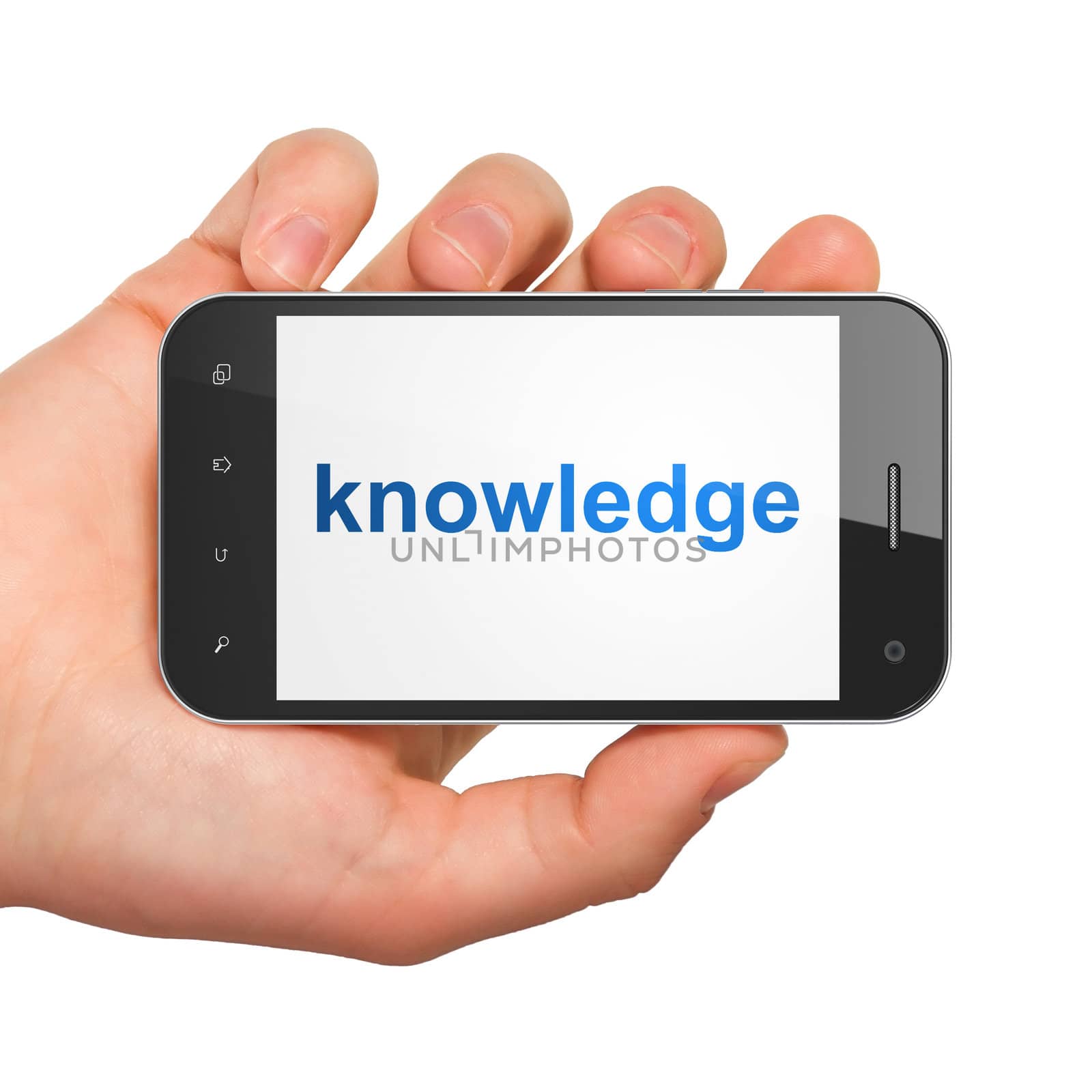 Hand holding smartphone with word knowledge on display. Generic by maxkabakov