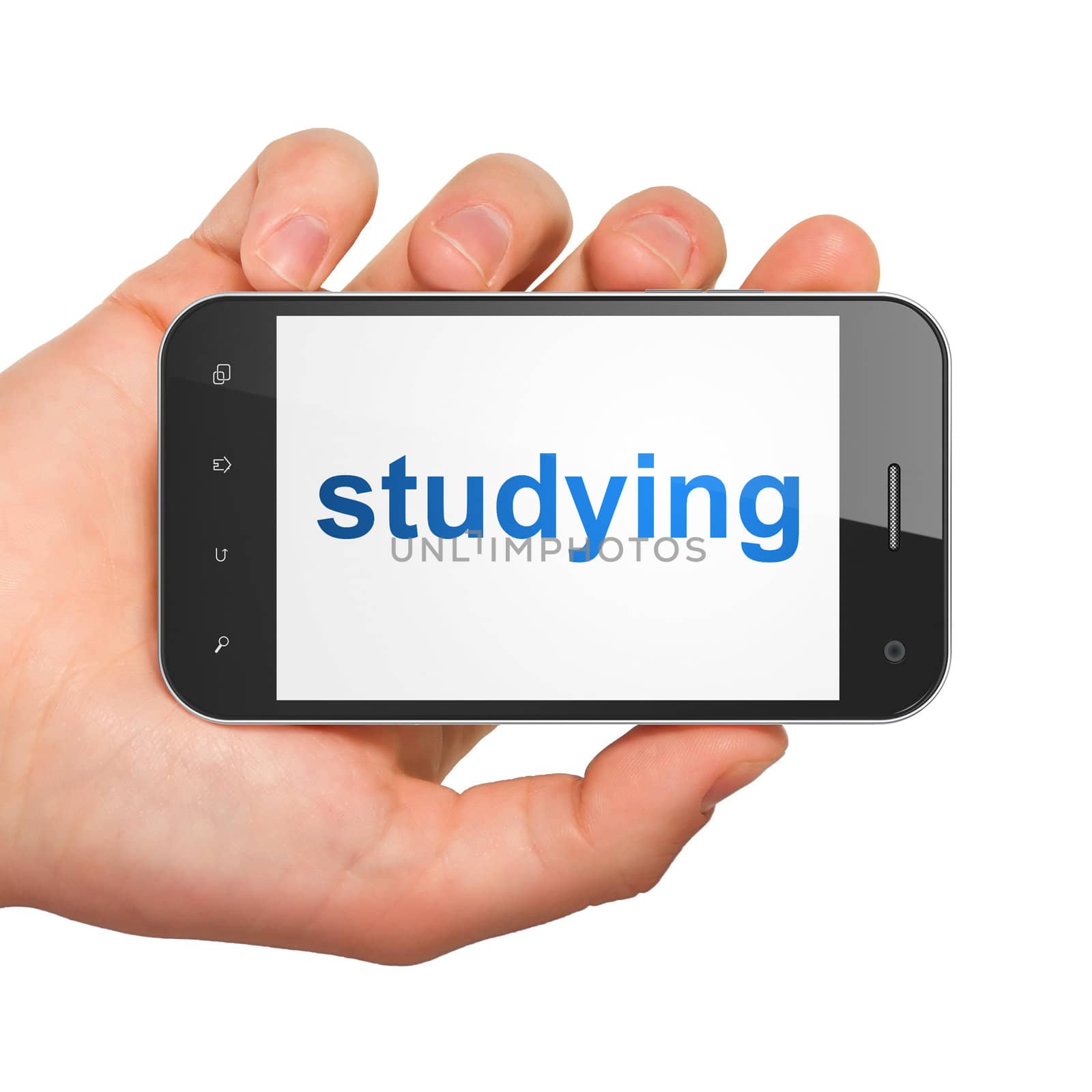 Hand holding smartphone with word studying on display. Generic mobile smart phone in hand on white background.
