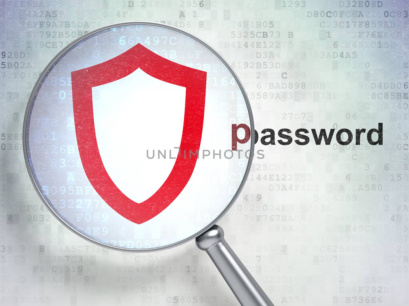 Magnifying optical glass with contoured shield icon and "password" word on digital background, 3d render