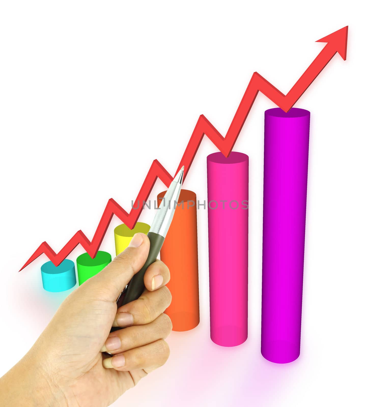 a pen pointing 3d arrow and bar graph