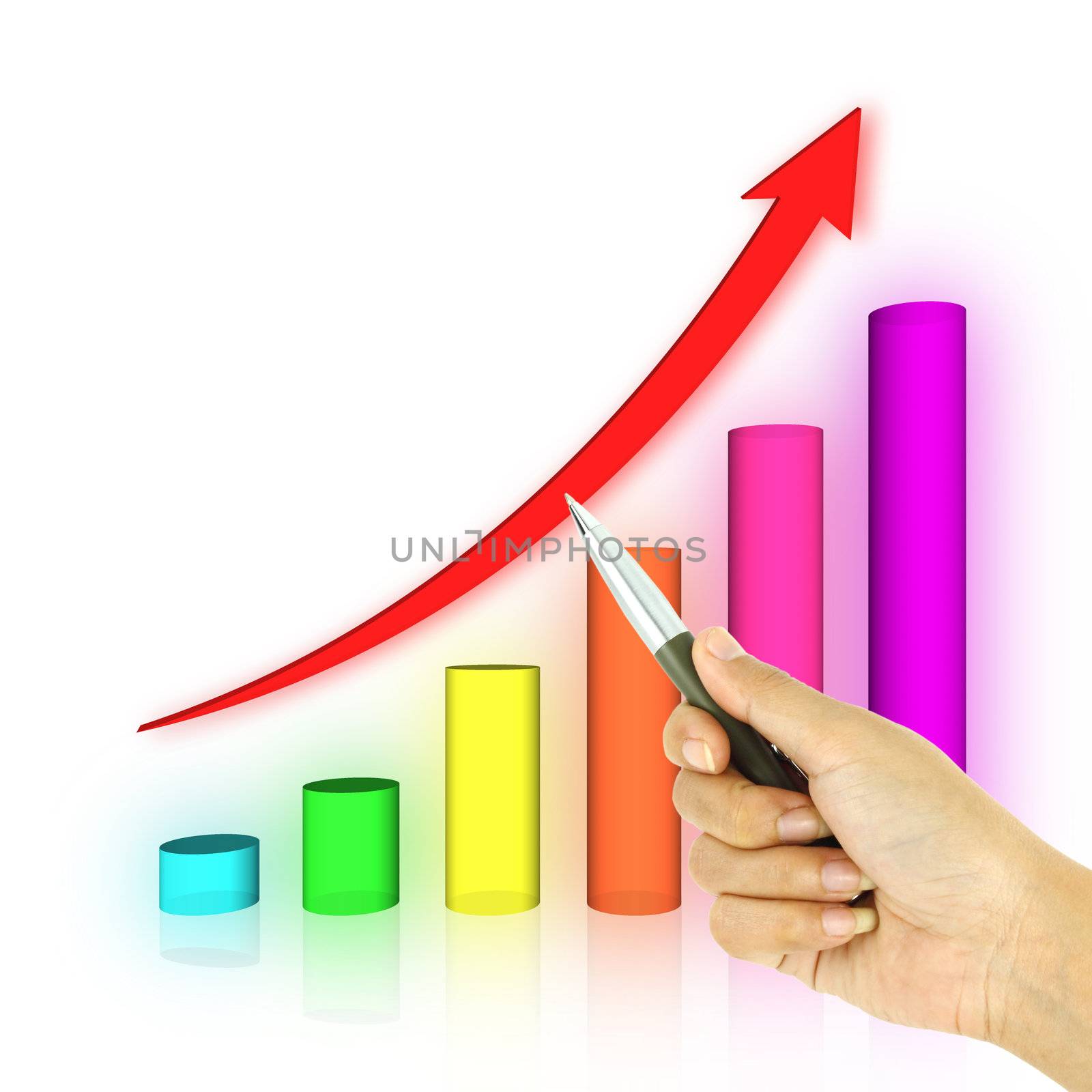 a pen pointing 3d arrow and bar graph