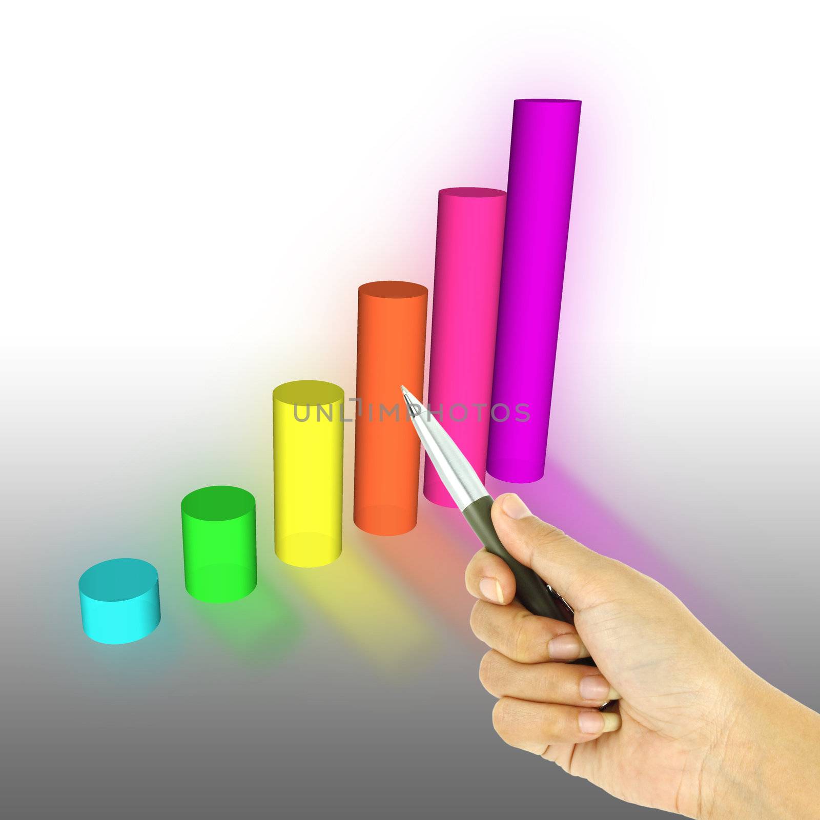 a pen pointing 3d bar graph