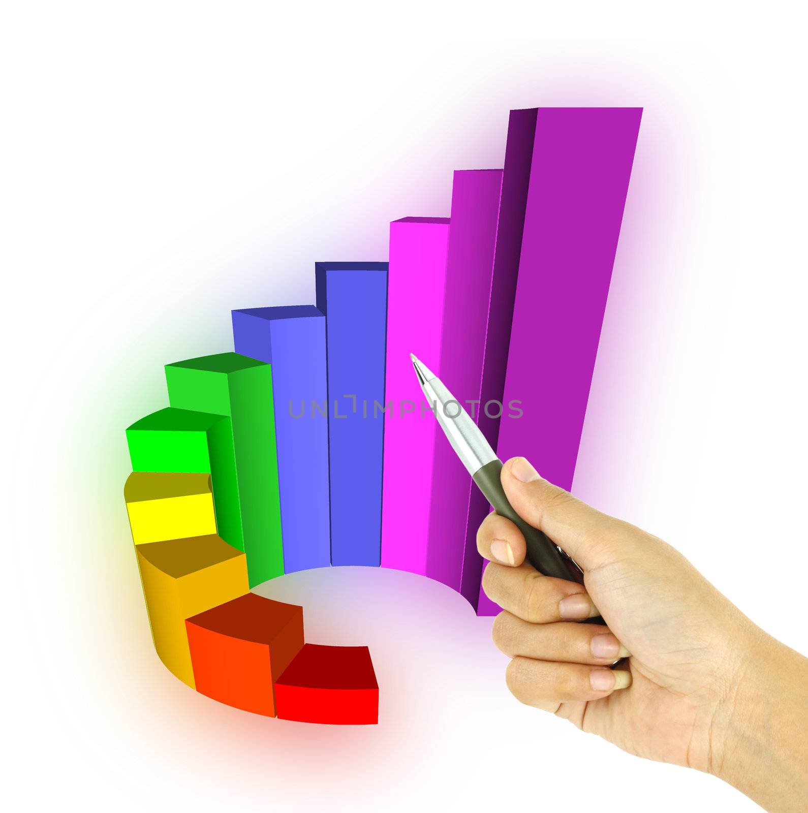 a pen pointing 3d growth bar graph