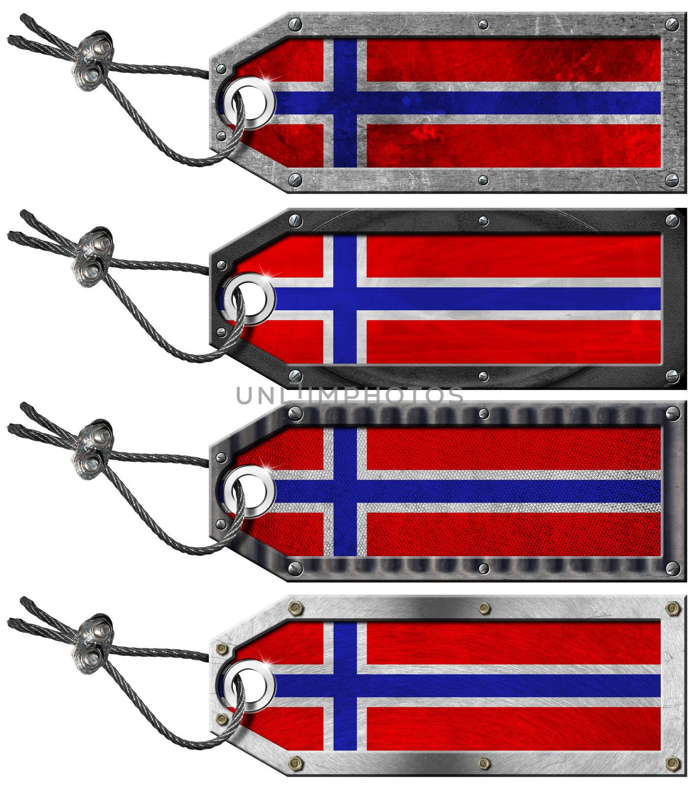 Four grunge metallic tags with norwegian flags, steel cable and metal rivets