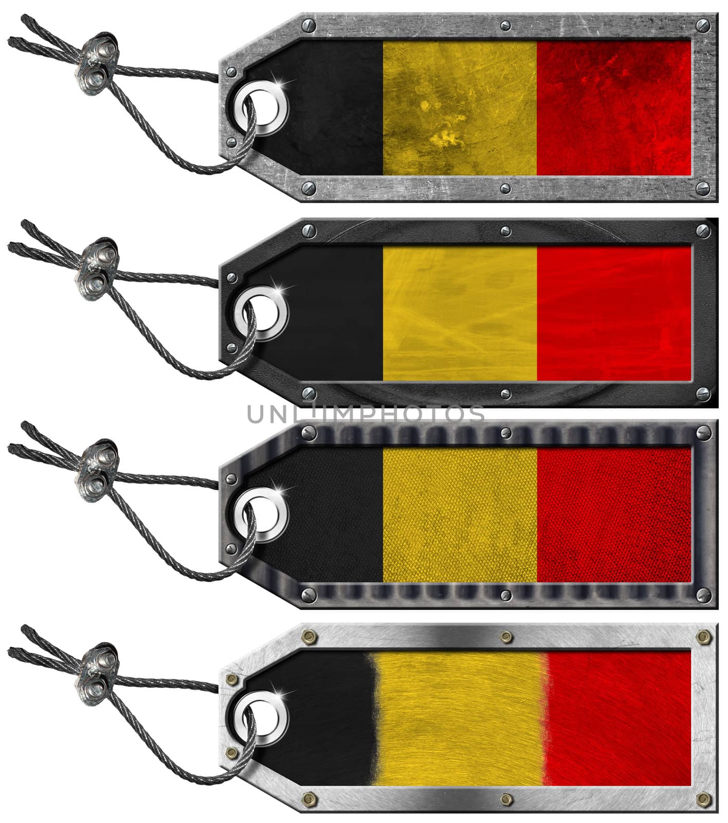 Four grunge metallic tags with belgian flags, steel cable and metal rivets
