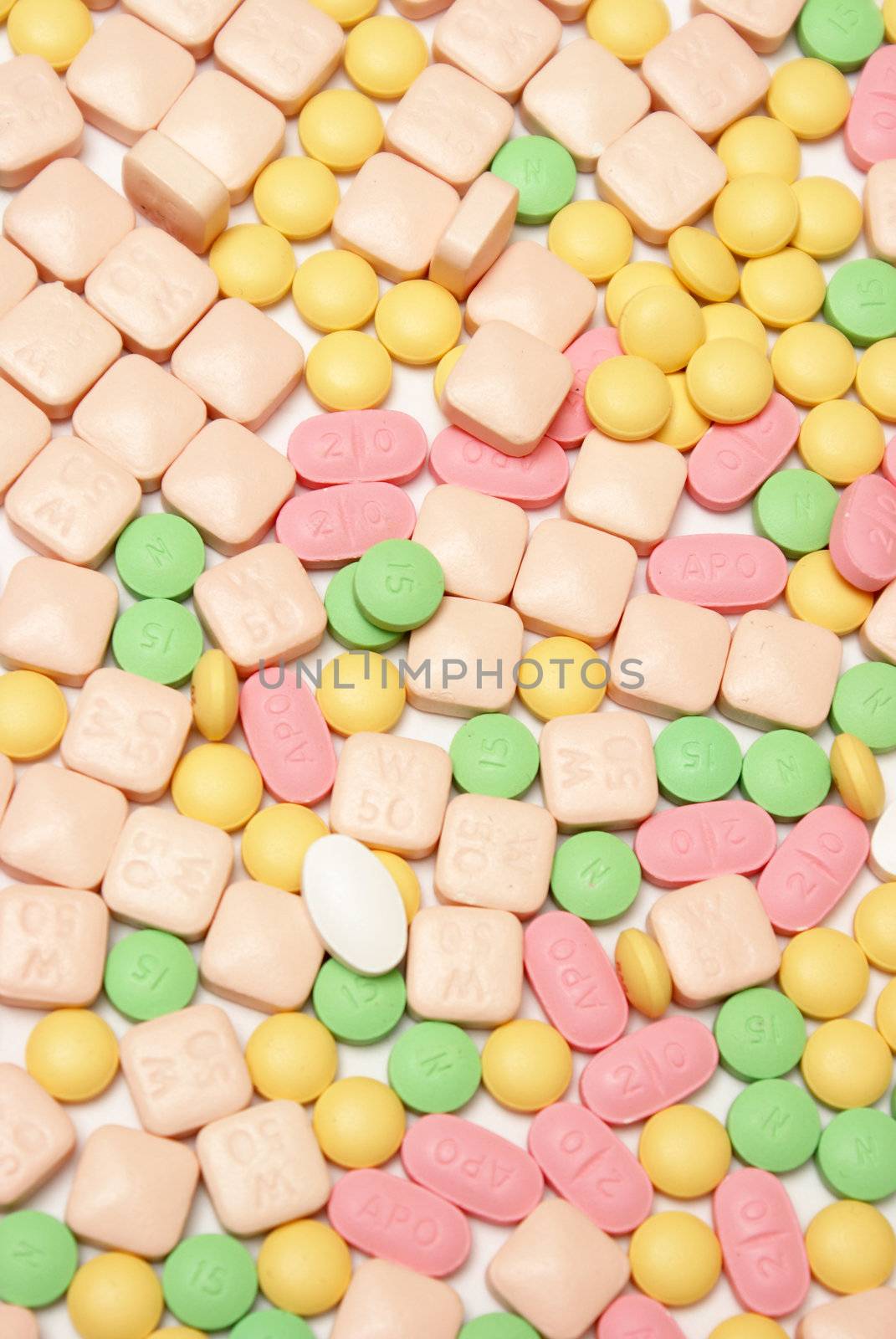 Various pills are mixed together in this closeup shot.