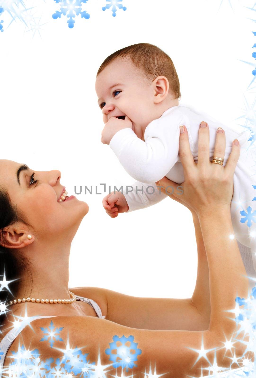 picture of happy mother with baby and snowflakes