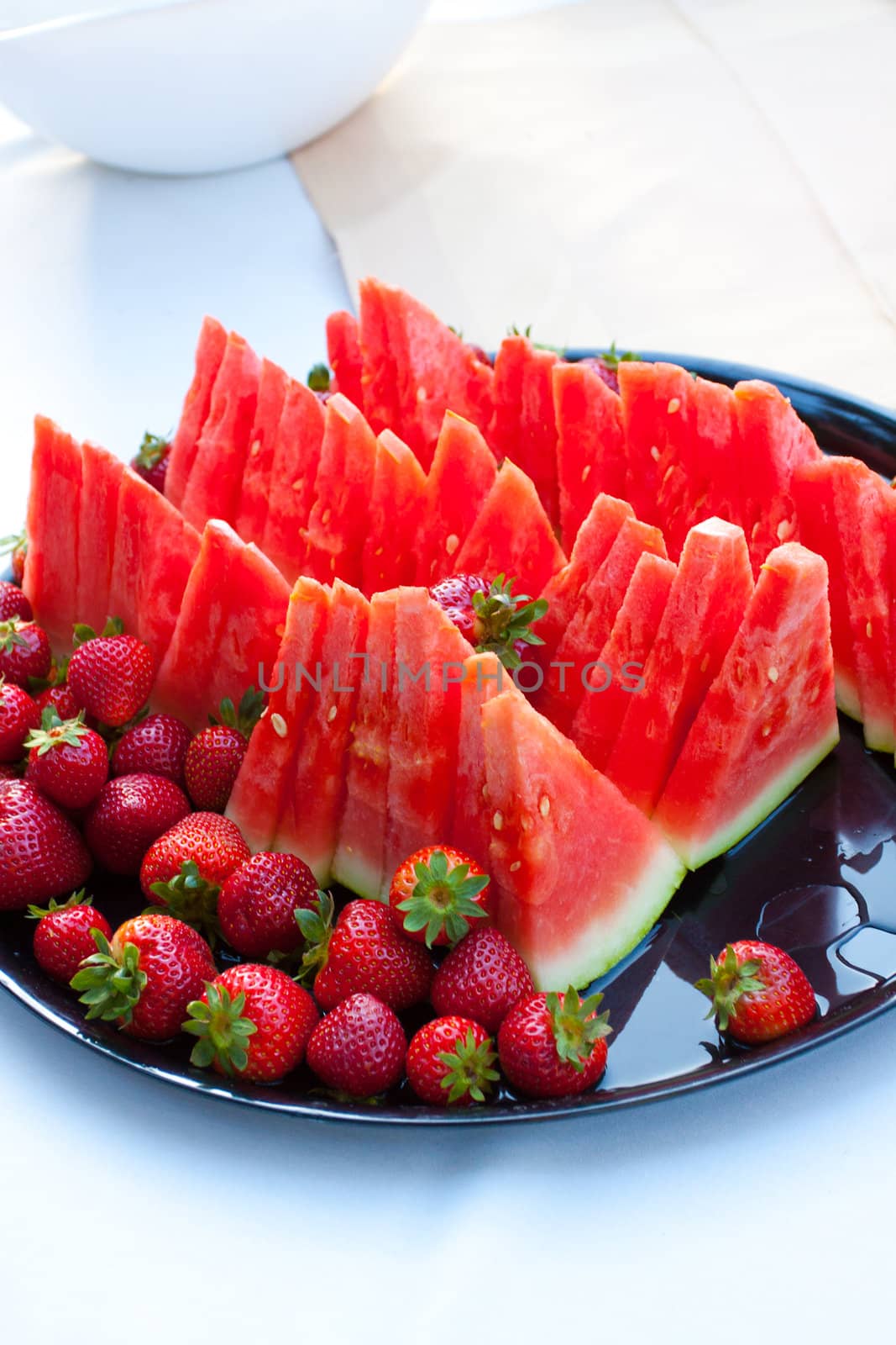 Wedding watermelon fruit platter at a buffet.