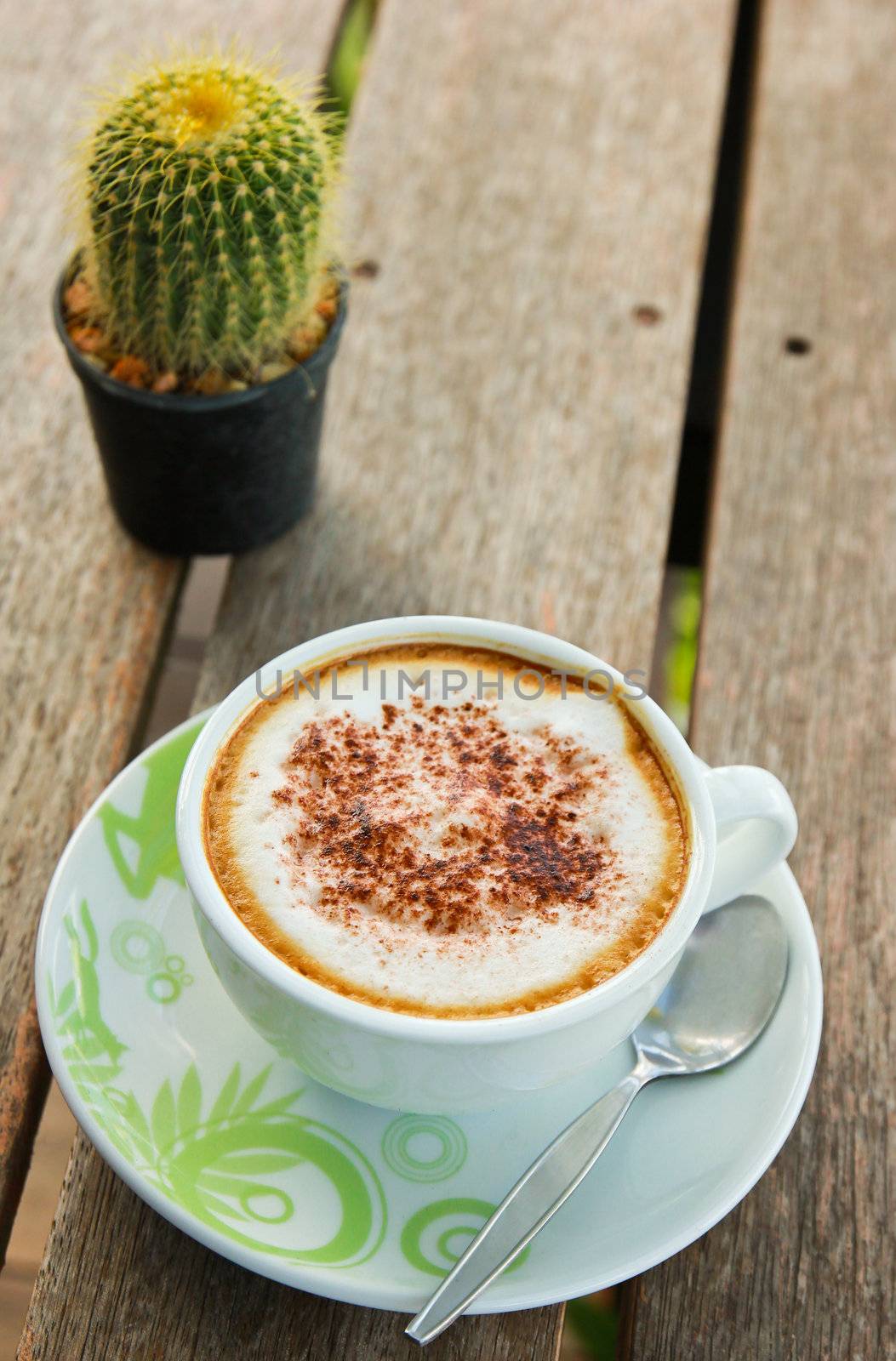 Coffee latte or cappuccino in a cup with cactus on wooden background