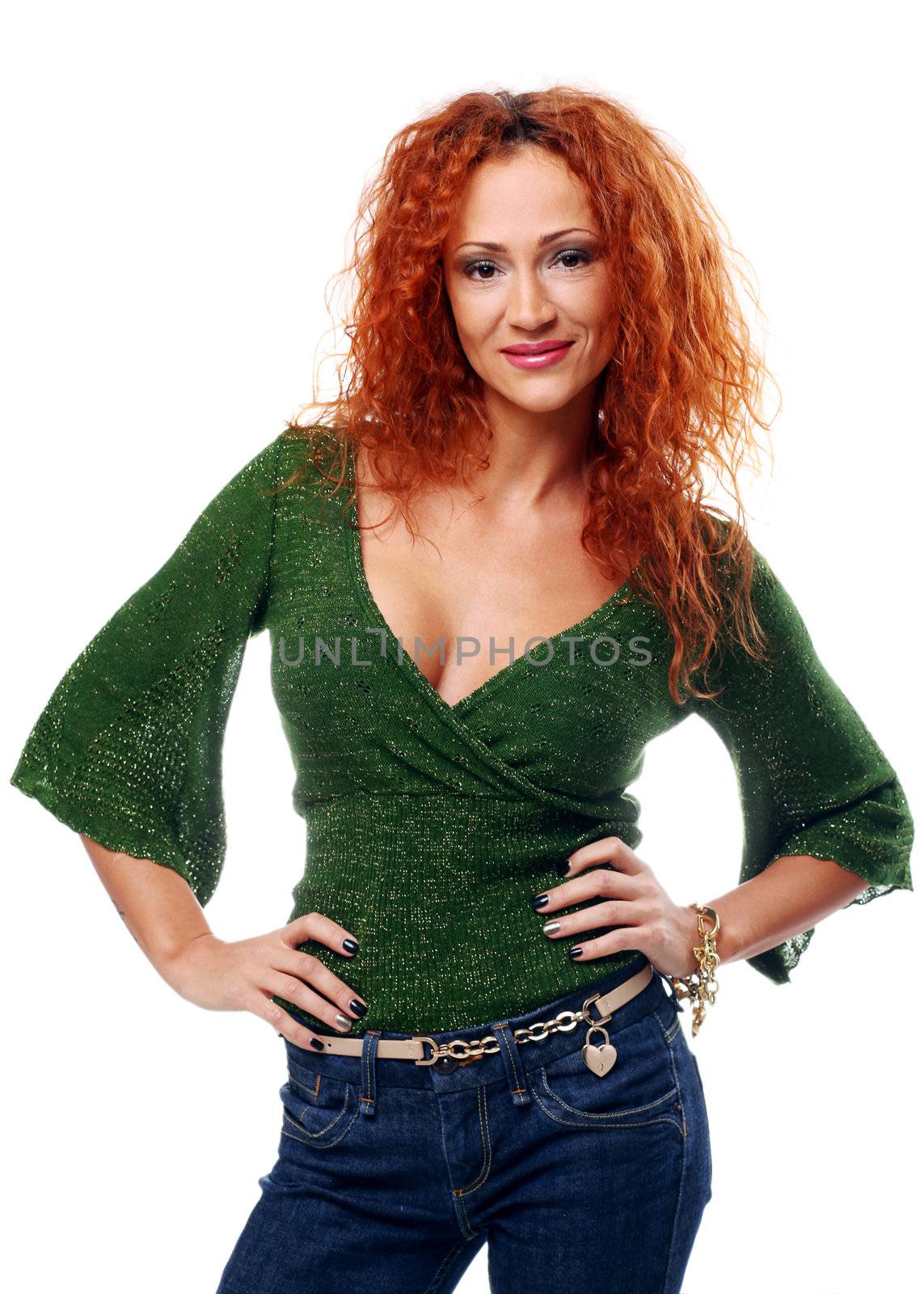 Portrait of beautiful and attractive redhead woman isolated on a white