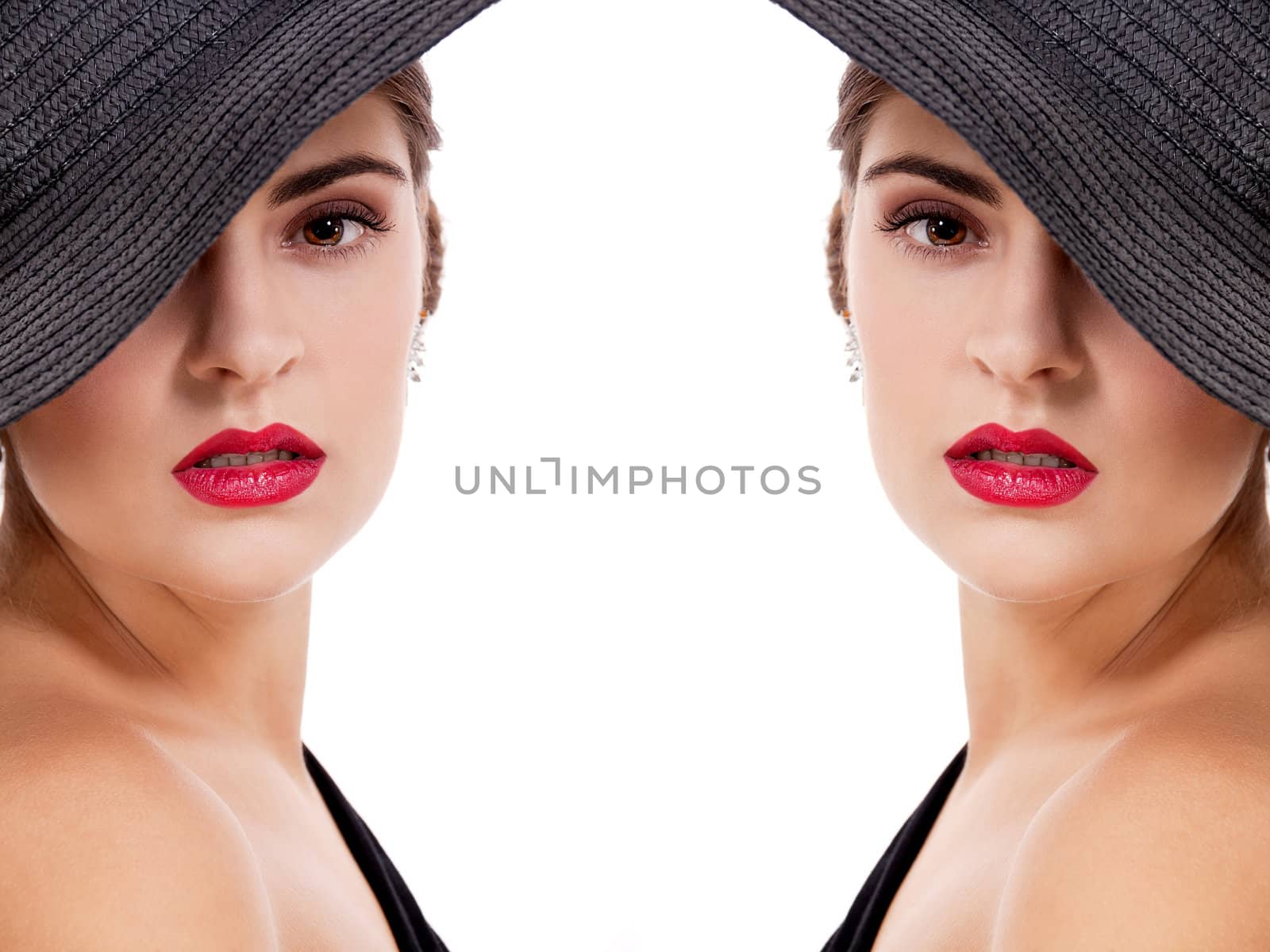 glamour woman with black hat and red lips portrait isolated on white