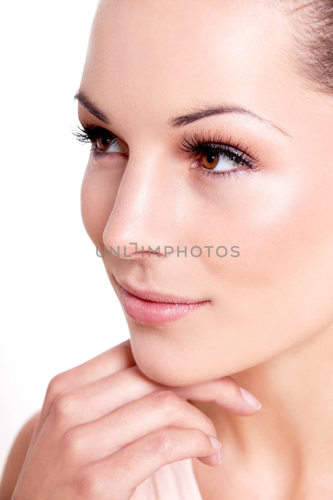 natural beautiful woman face closeup portrait isolated on white