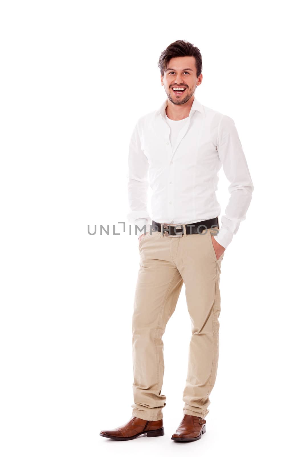 young business man in casual outfit smiling isolated on white background