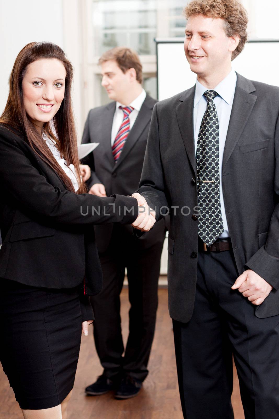 business woman and man shake hands in office by juniart