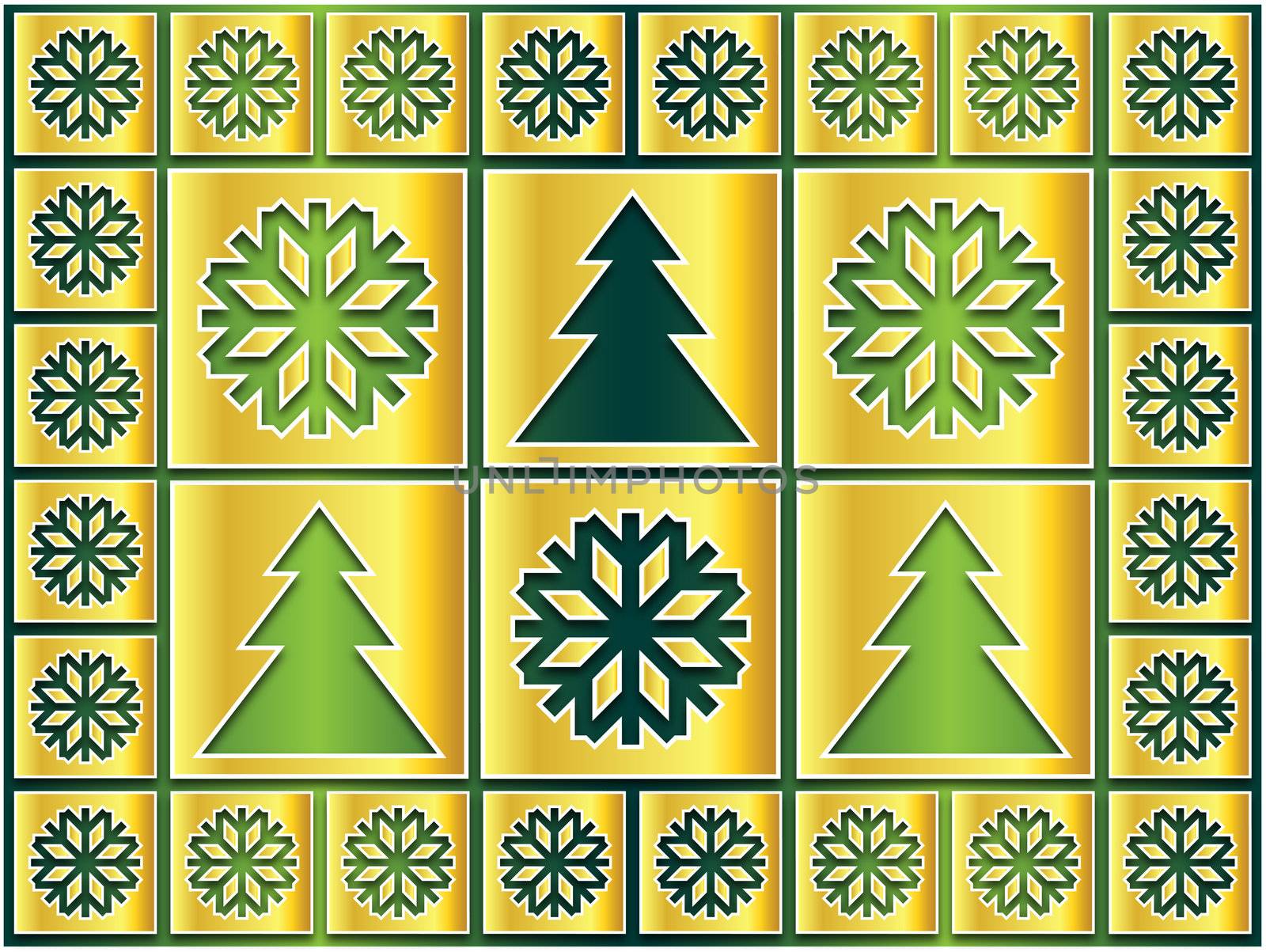 Christmas icons golden snowflakes and trees on a green background