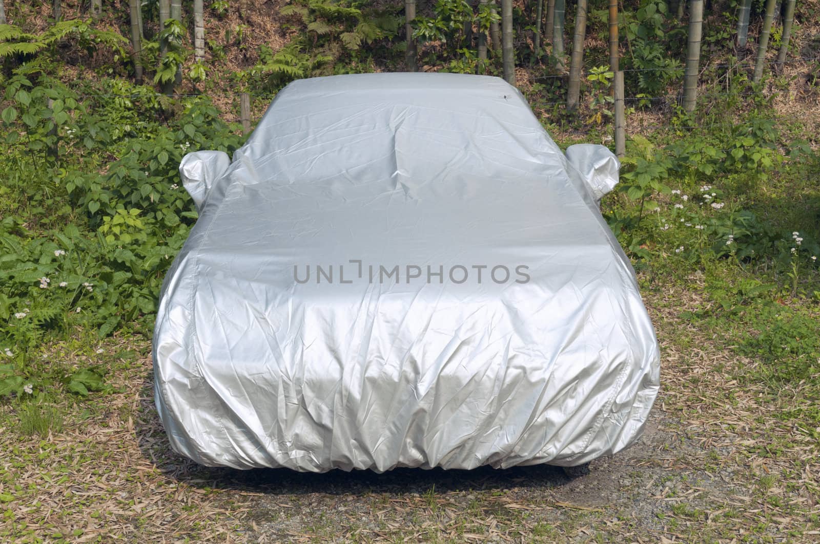 car under protection cover on the natural meadow