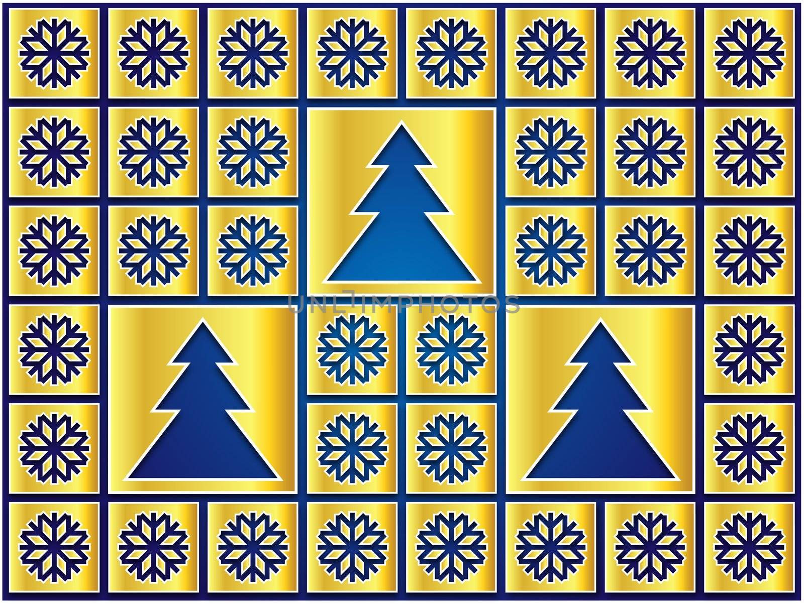 Christmas icons golden flakes and trees on a blue background