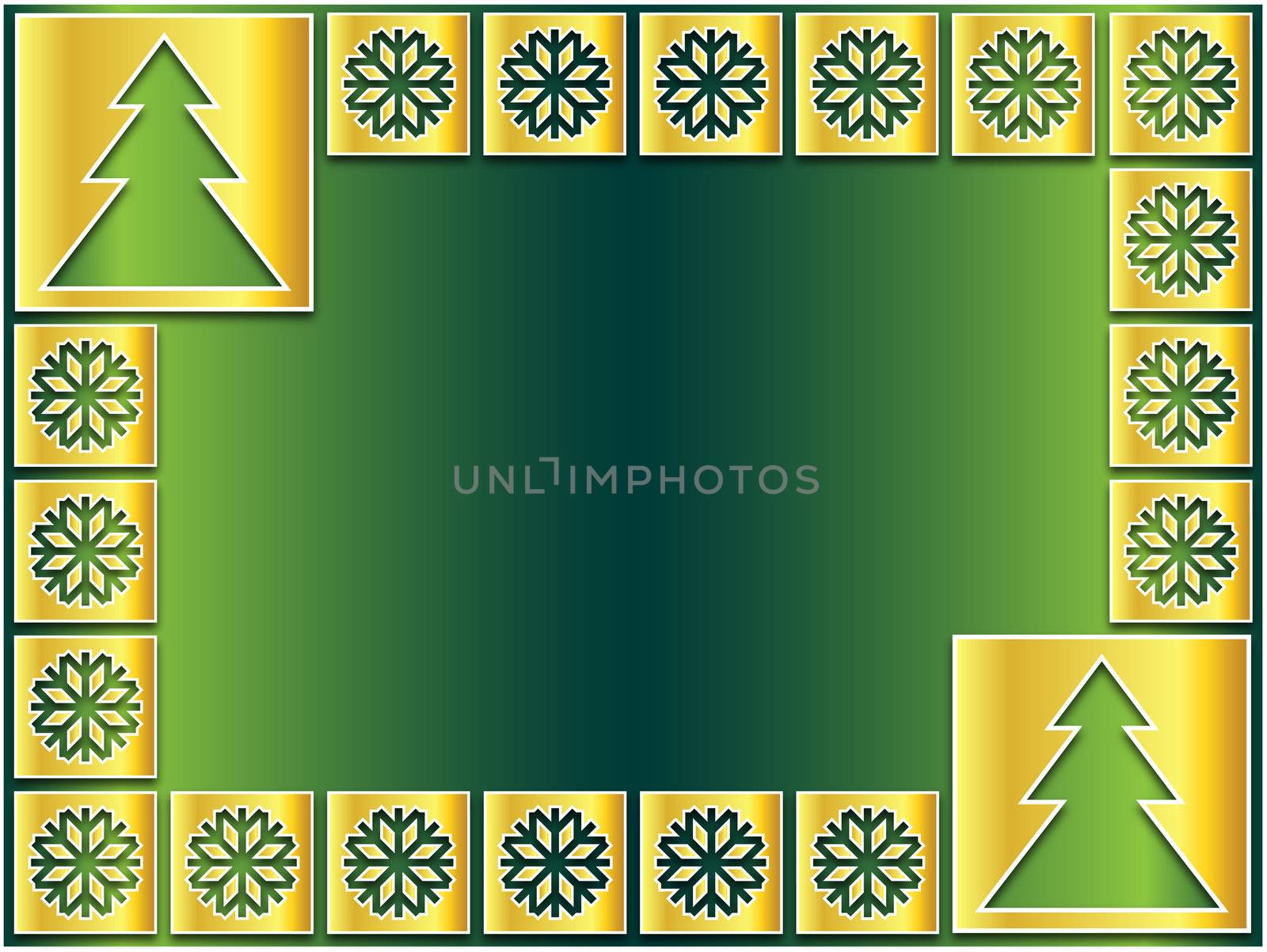 Christmas icons golden flakes and trees on a green background