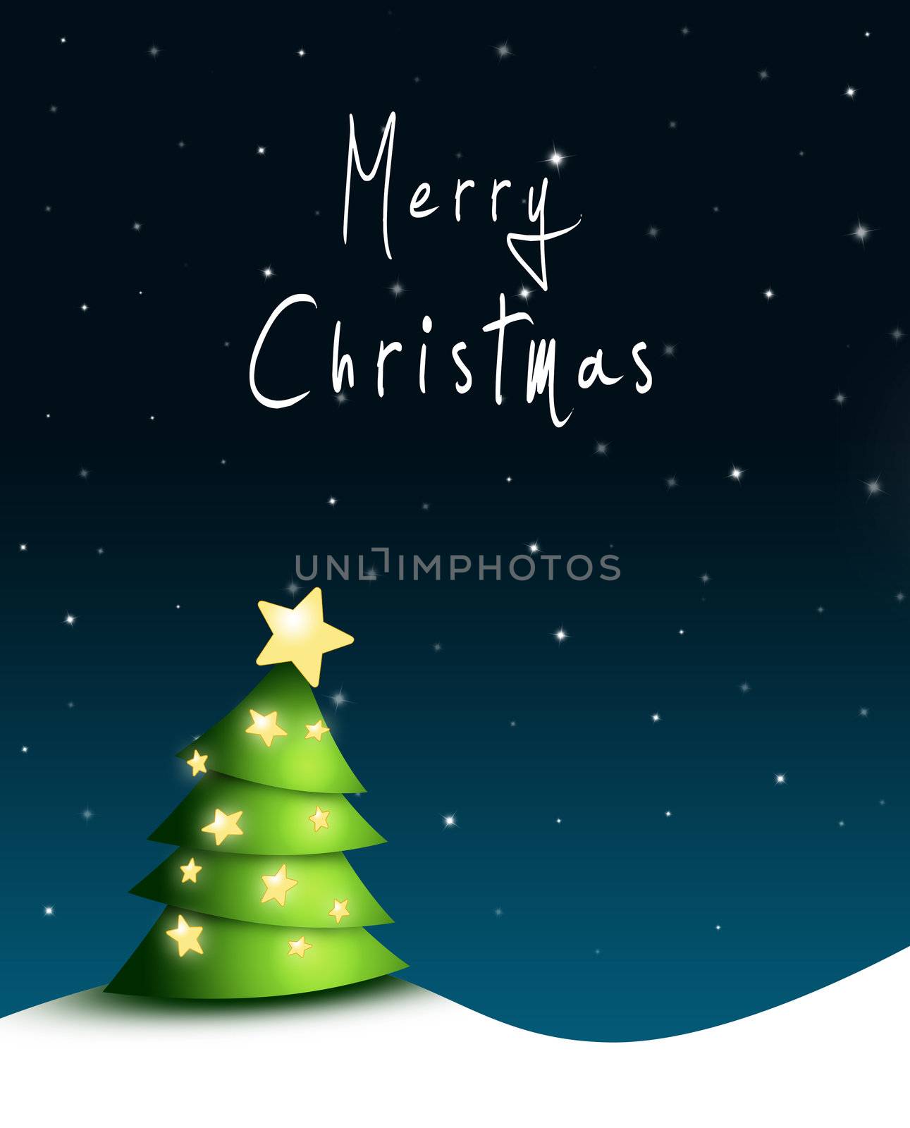 nightly Christmas background with green fir tree, stars and Merry Christmas text