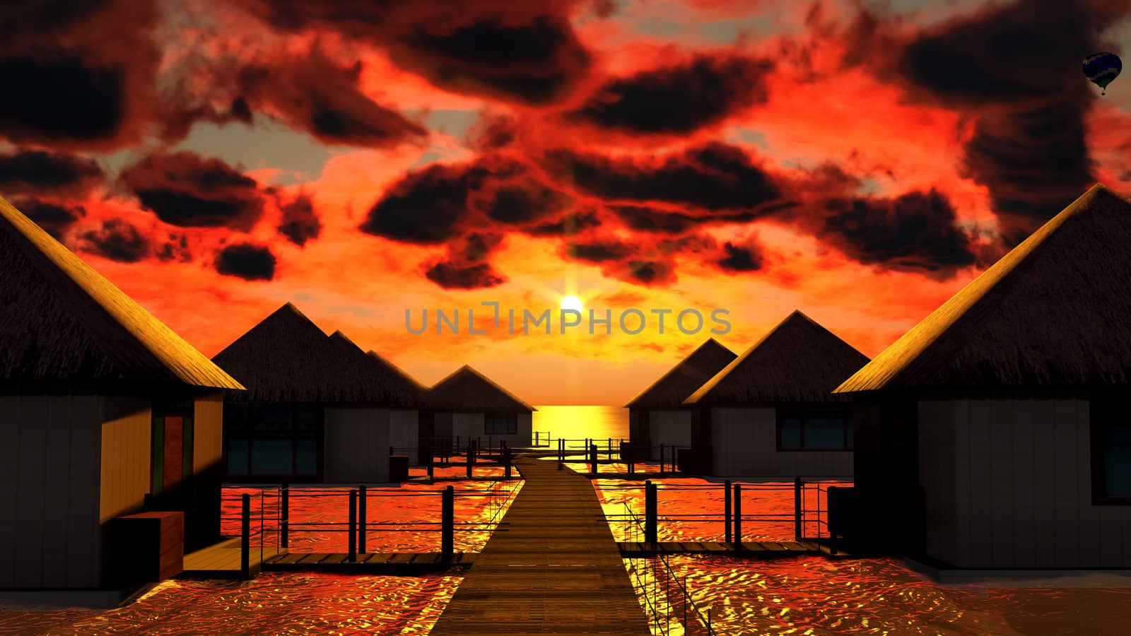 Tropical resort at sunset