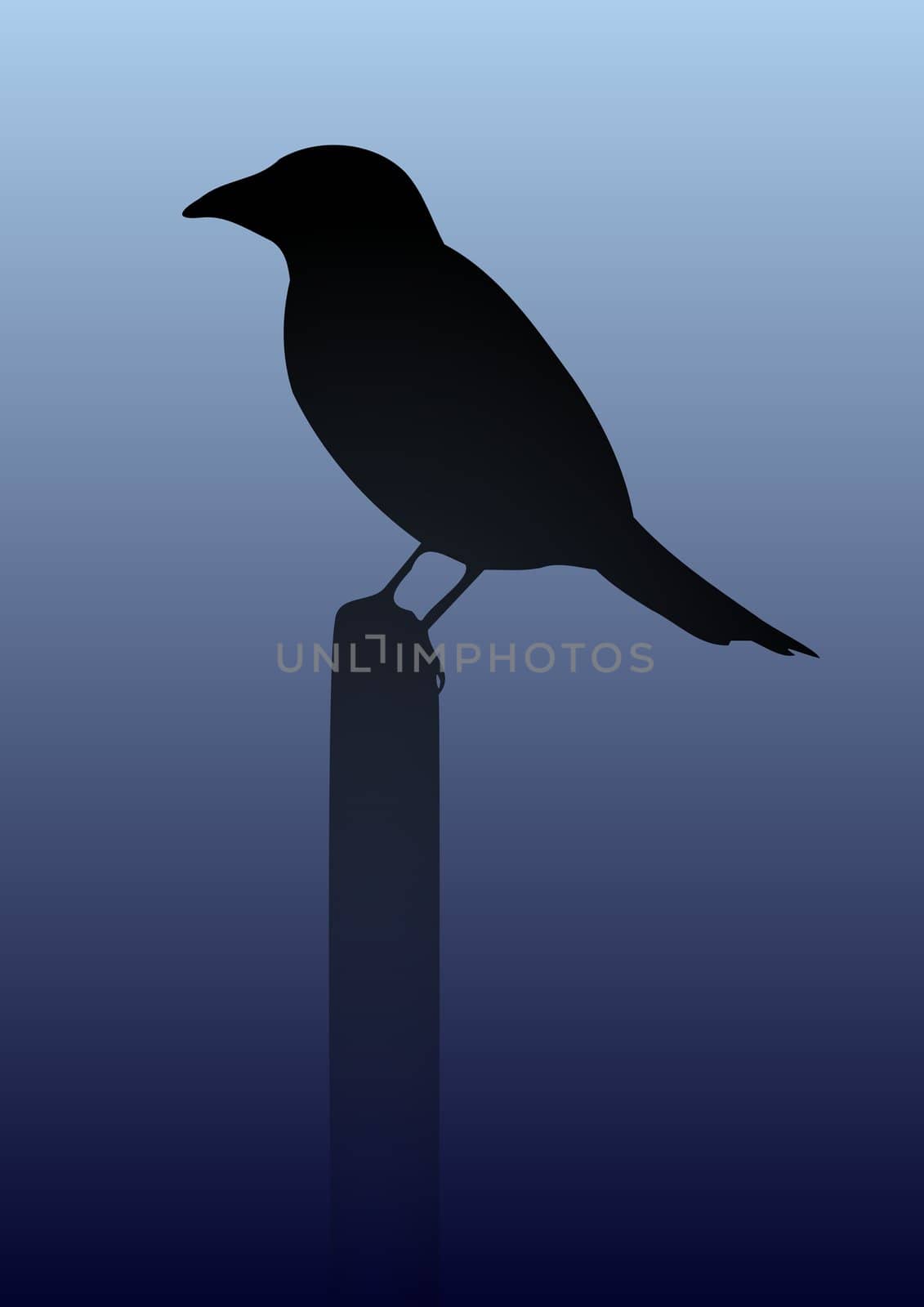 Illustration of a black crow perched on a post