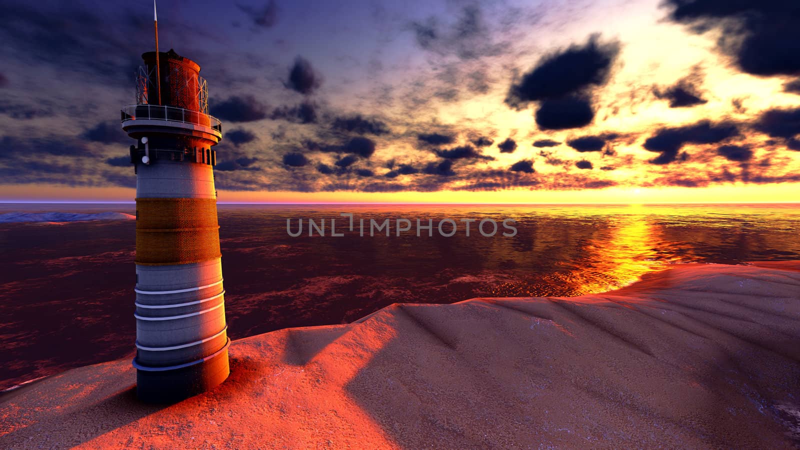 Beautiful lighthouse by the ocean at sunset