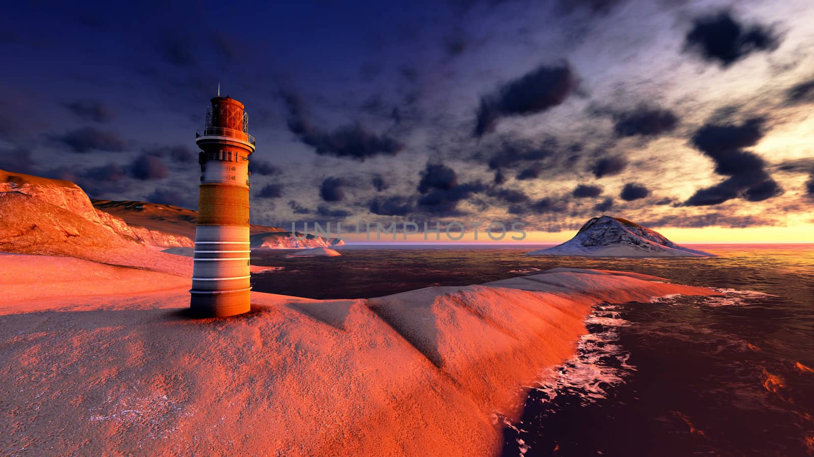 Beautiful lighthouse by the ocean at sunset