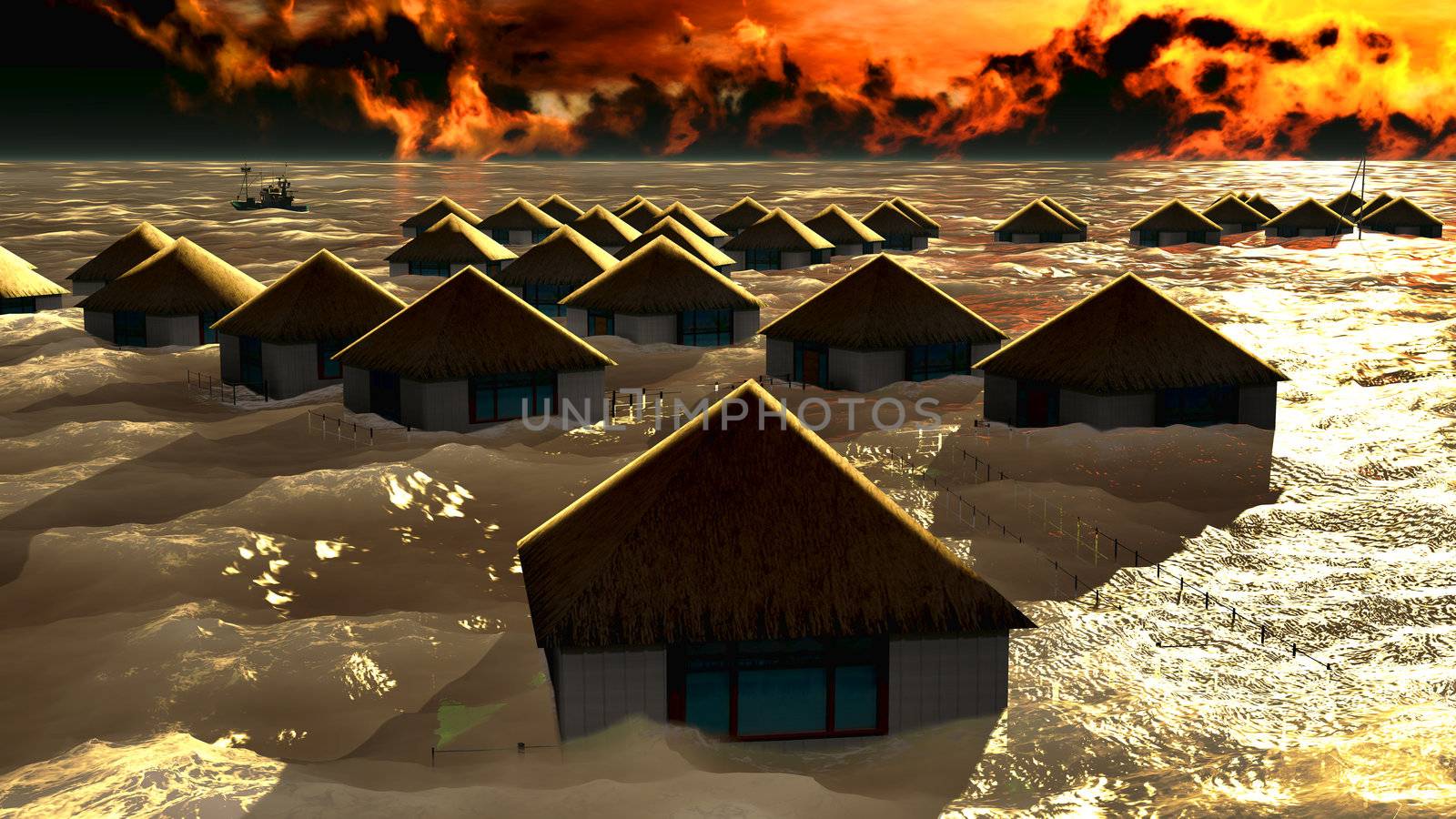 Tsunami destroying bungalows by andromeda13