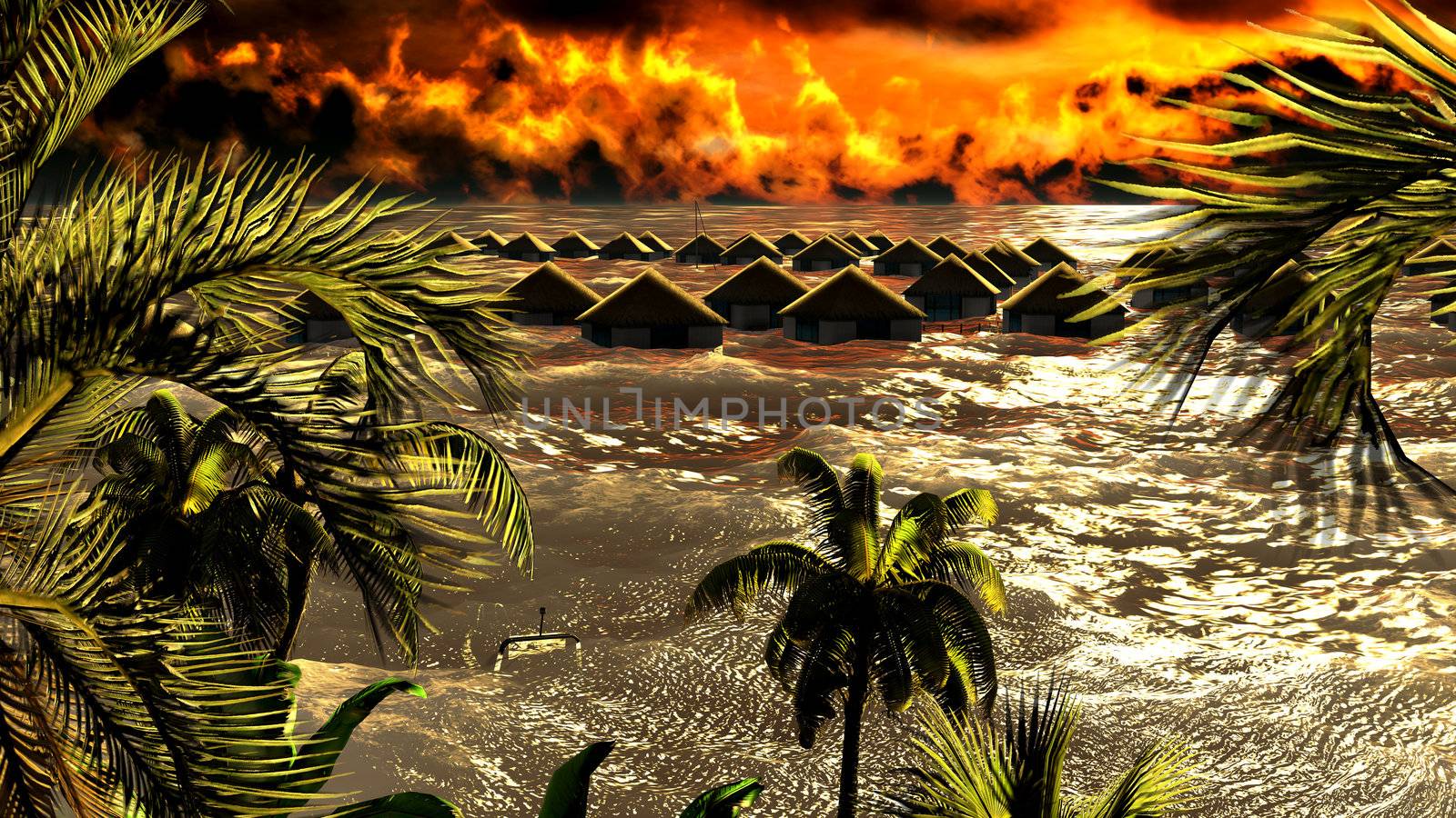 Tsunami destroying bungalows by andromeda13