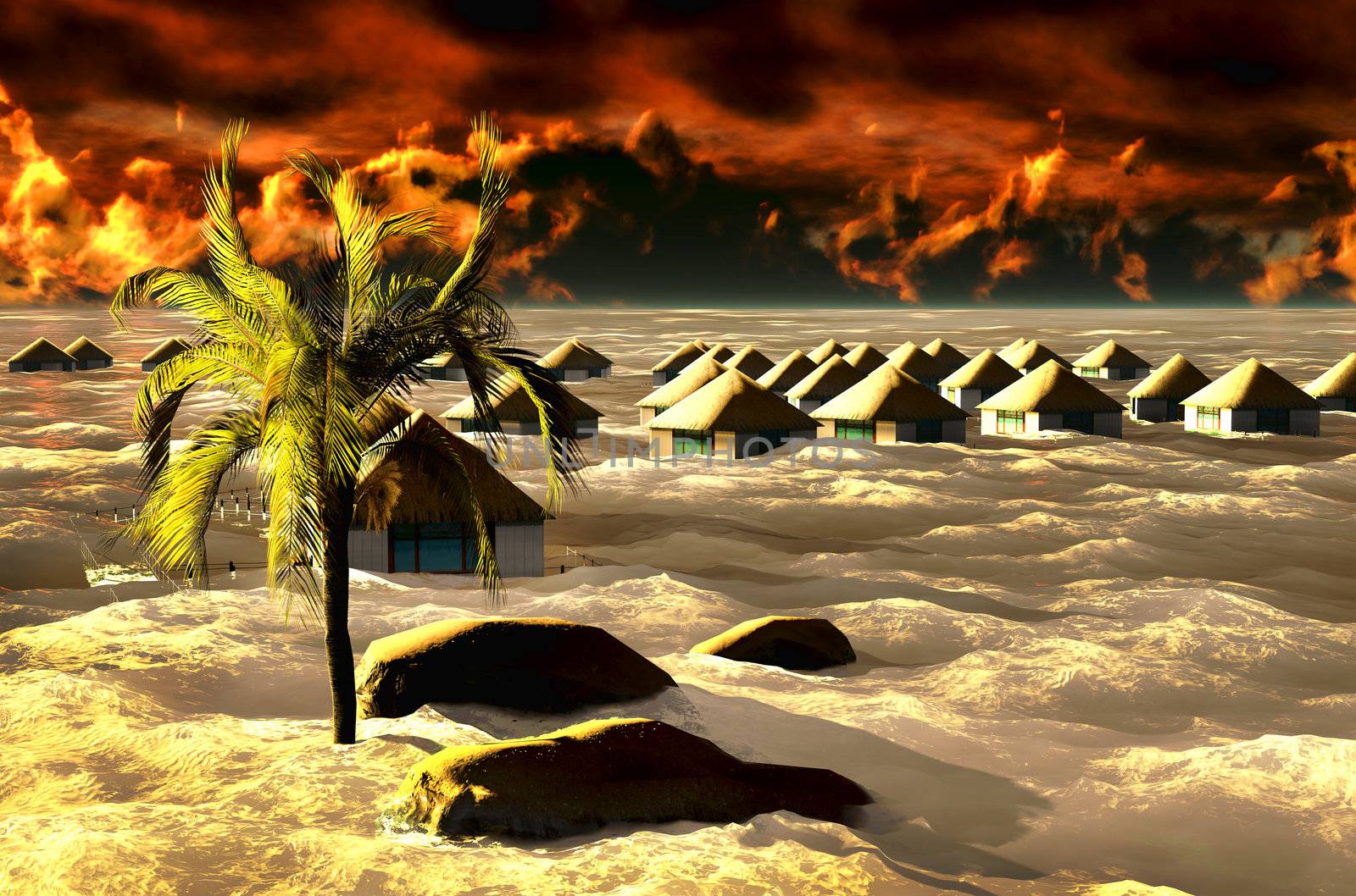 Tsunami destroying bungalows by andromeda13