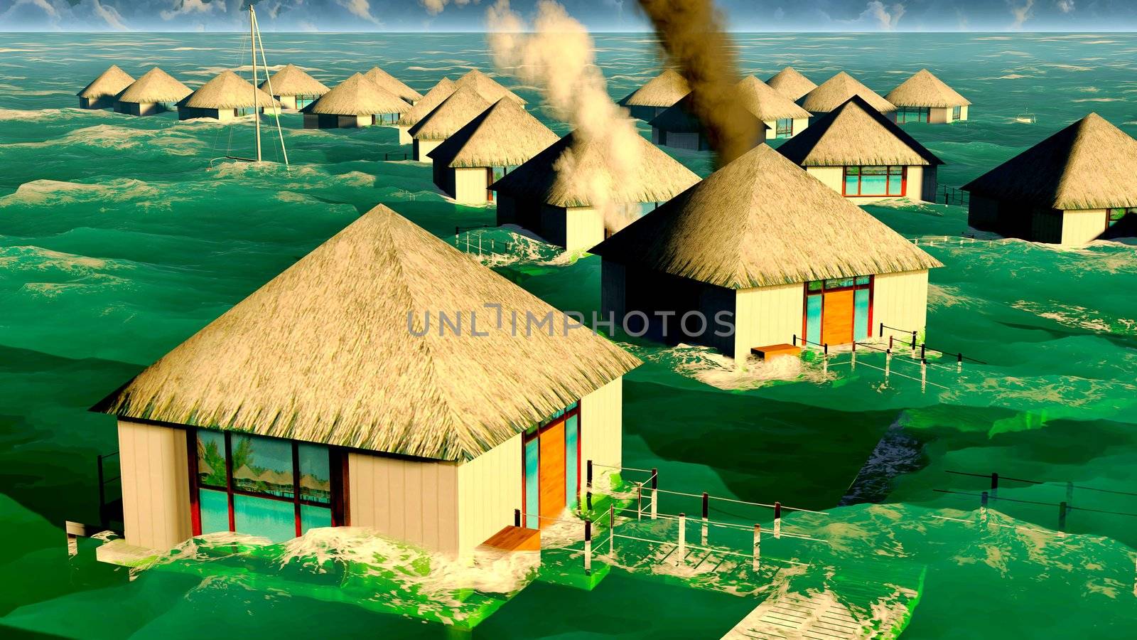Tsunami destroying bungalows