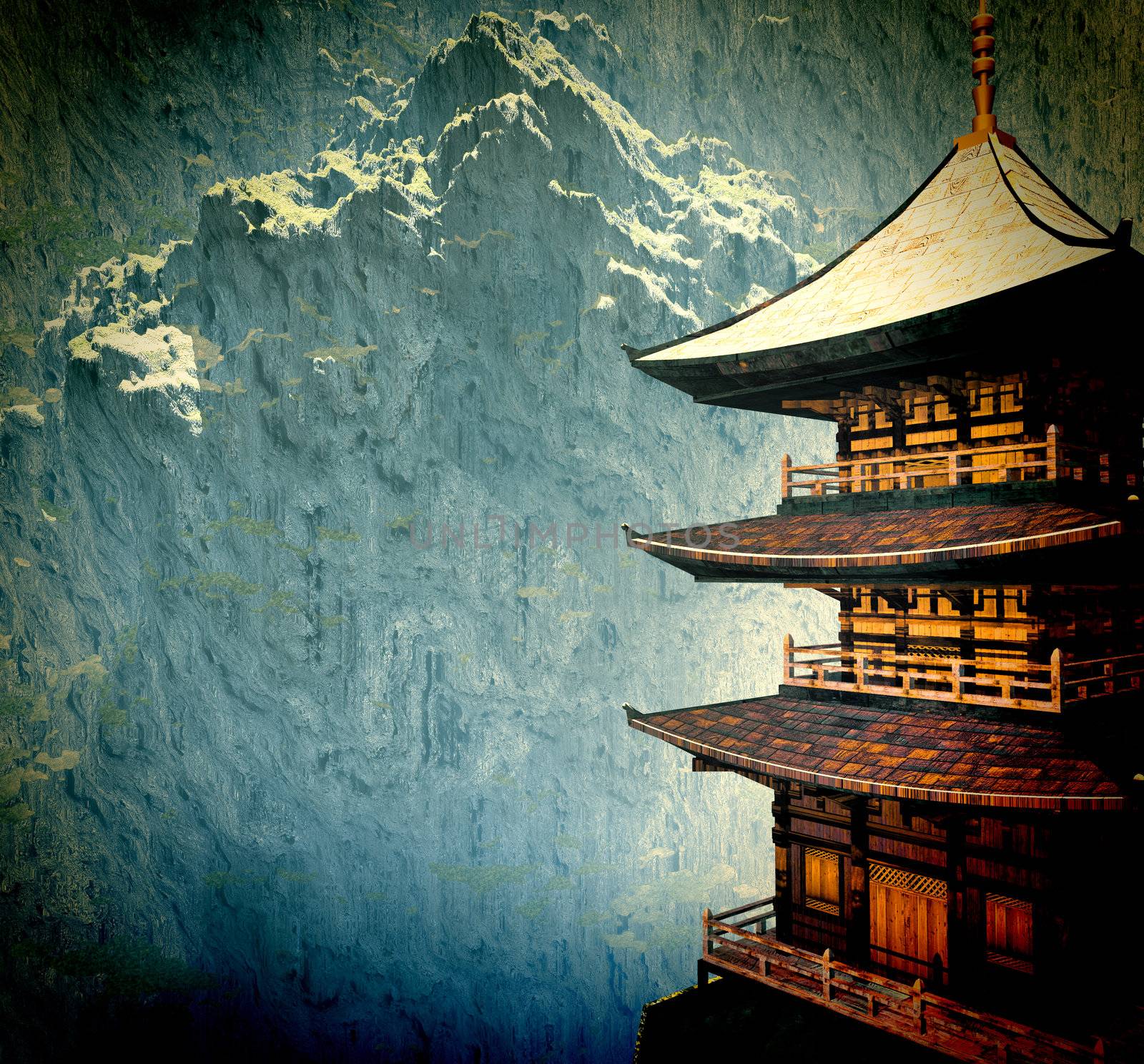 Zen buddhist temple in the mountains by andromeda13