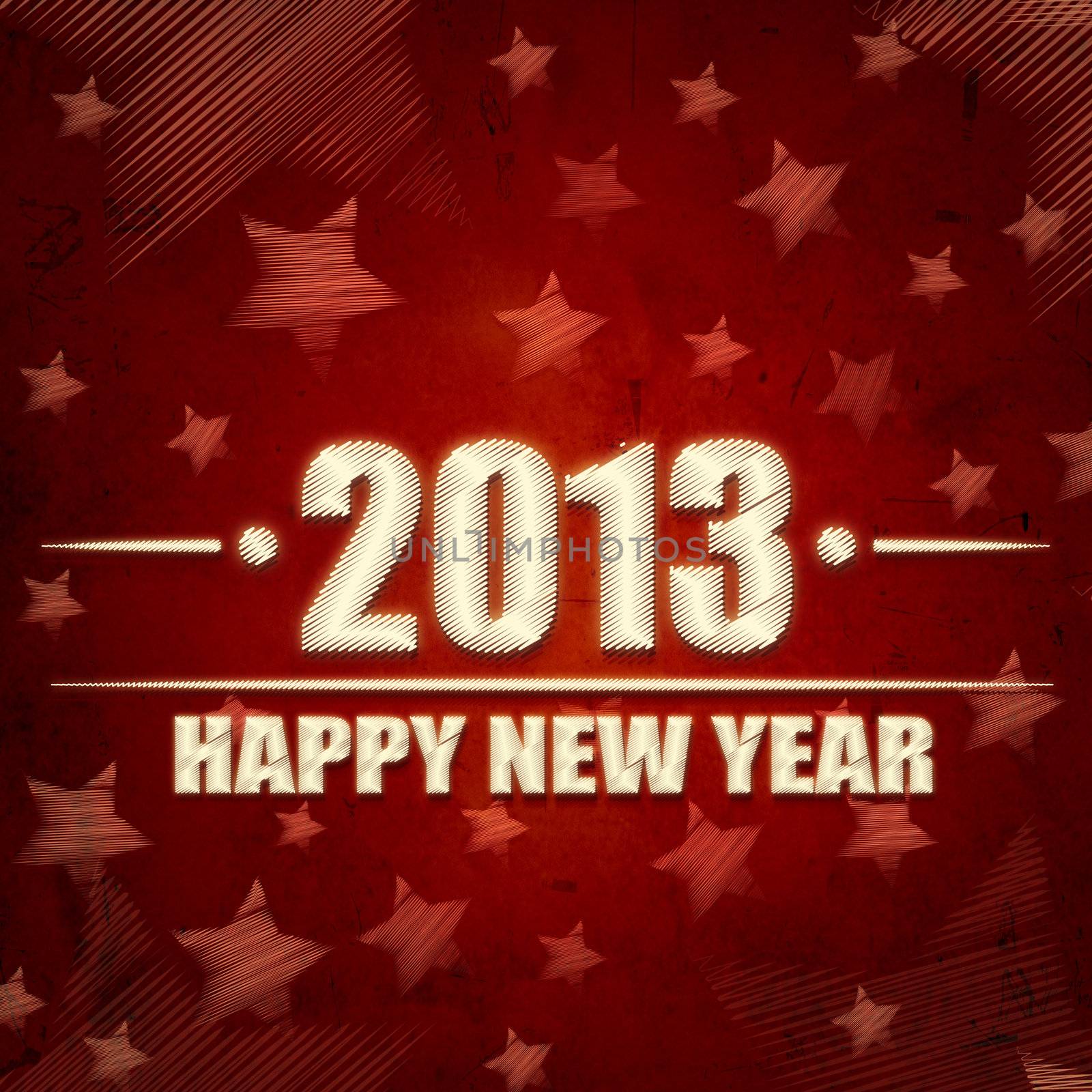 abstract red background with text Happy New Year 2013 and illustrated striped stars, retro style card